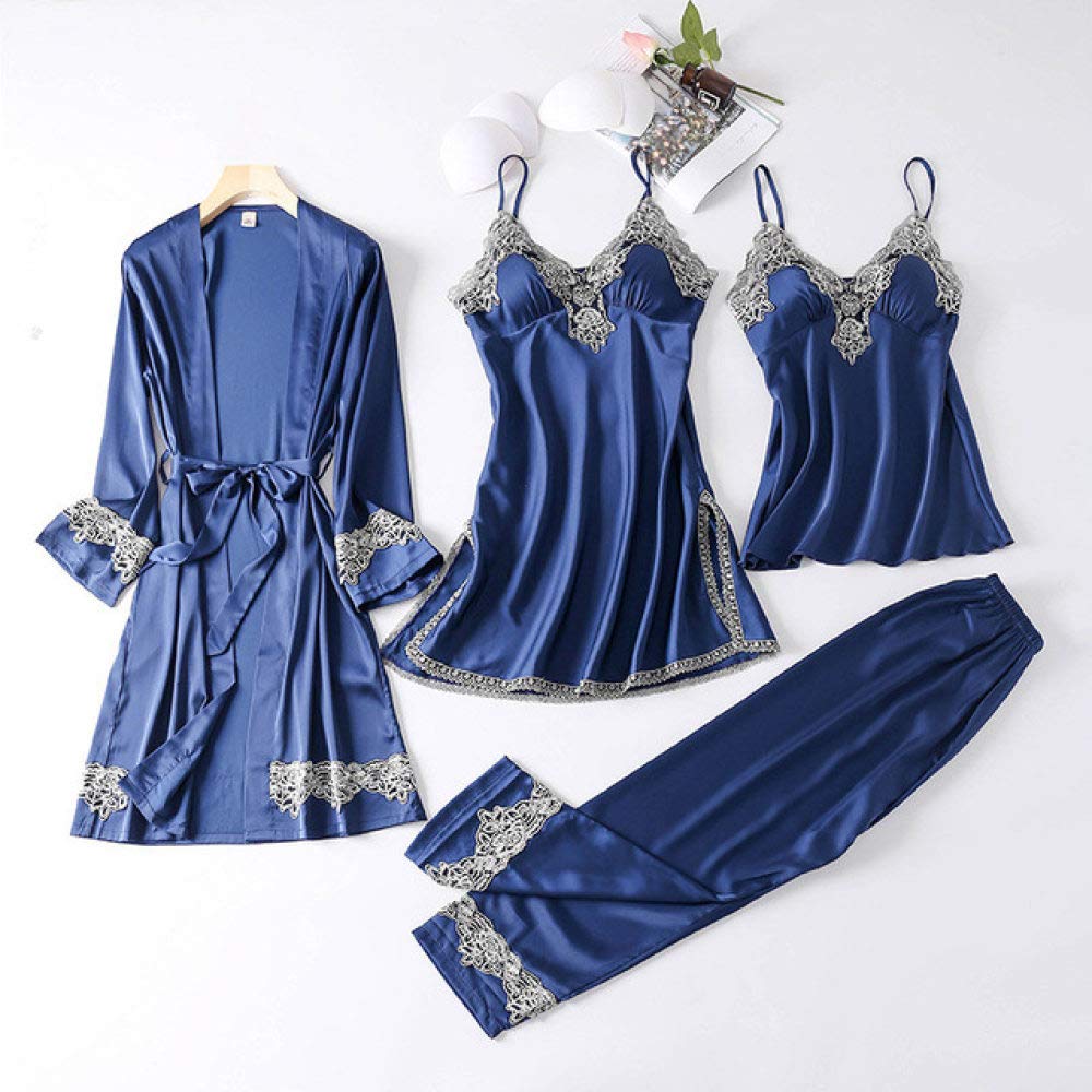 AAJIA Women's 4-Piece Faux Silk Pajama Set with Lace Trim - Elegant Sleepwear for Spring & Fall - Soft Comfortable Nightwear for Home, Lounge & Romantic Occasions