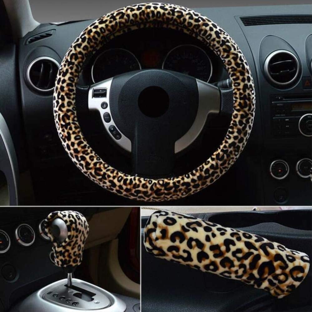 i-Will 3-in-1 Leopard Print Plush Steering Wheel Cover Set - Winter Warm Steering Wheel Cover, Gear Shift Cover & Handbrake Cover for Women (Beige) - Perfect for Cold Weather Driving & Car Interior Protection
