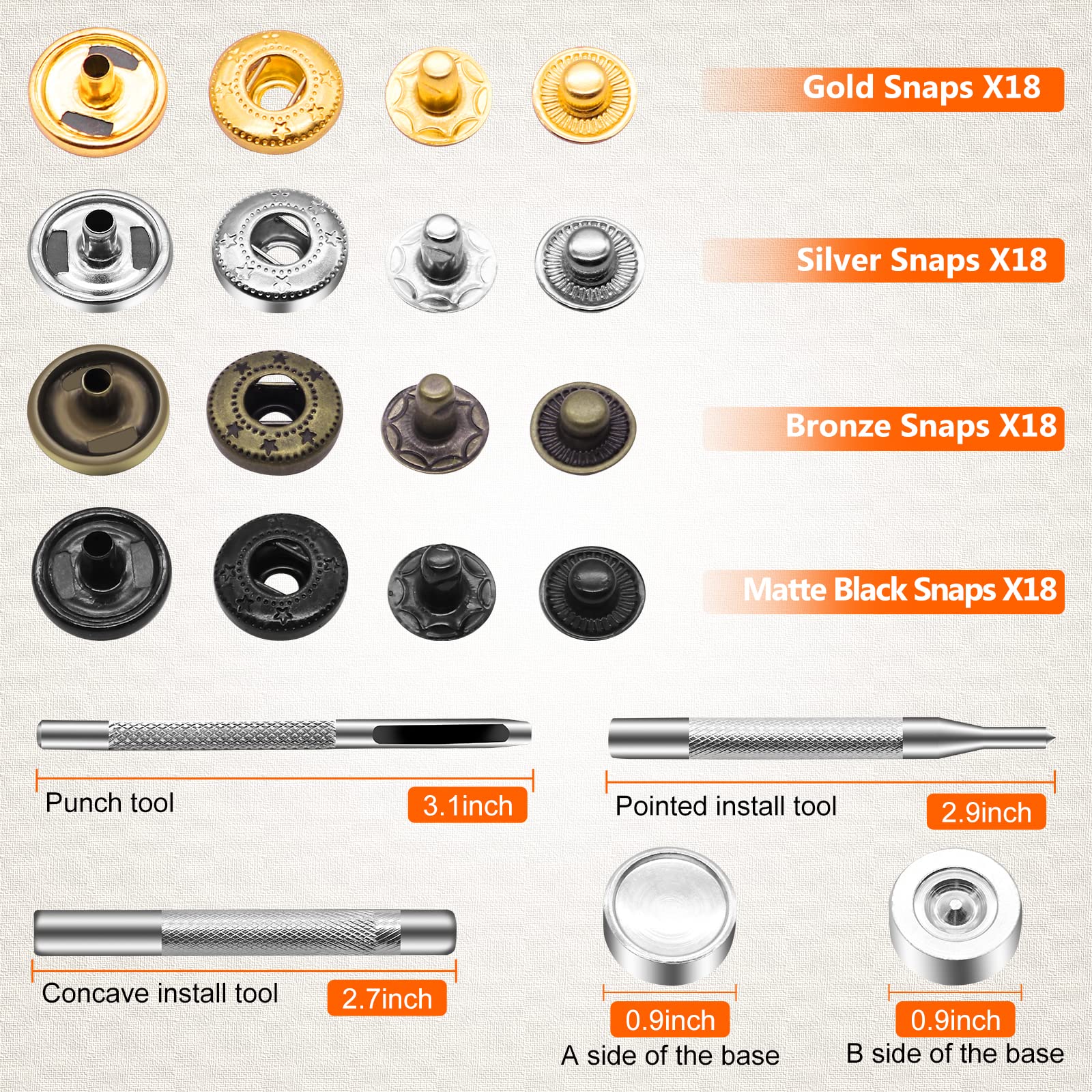 Alritz 17mm Leather Snap Fasteners Kit - 72 Set Metal Button Snaps Press Studs with 4 Setter Tools - 6 Colors for Clothing, Jackets, Jeans, Bracelets & Bags - Perfect for DIY Crafts, Fashion Design & Leatherworking Projects
