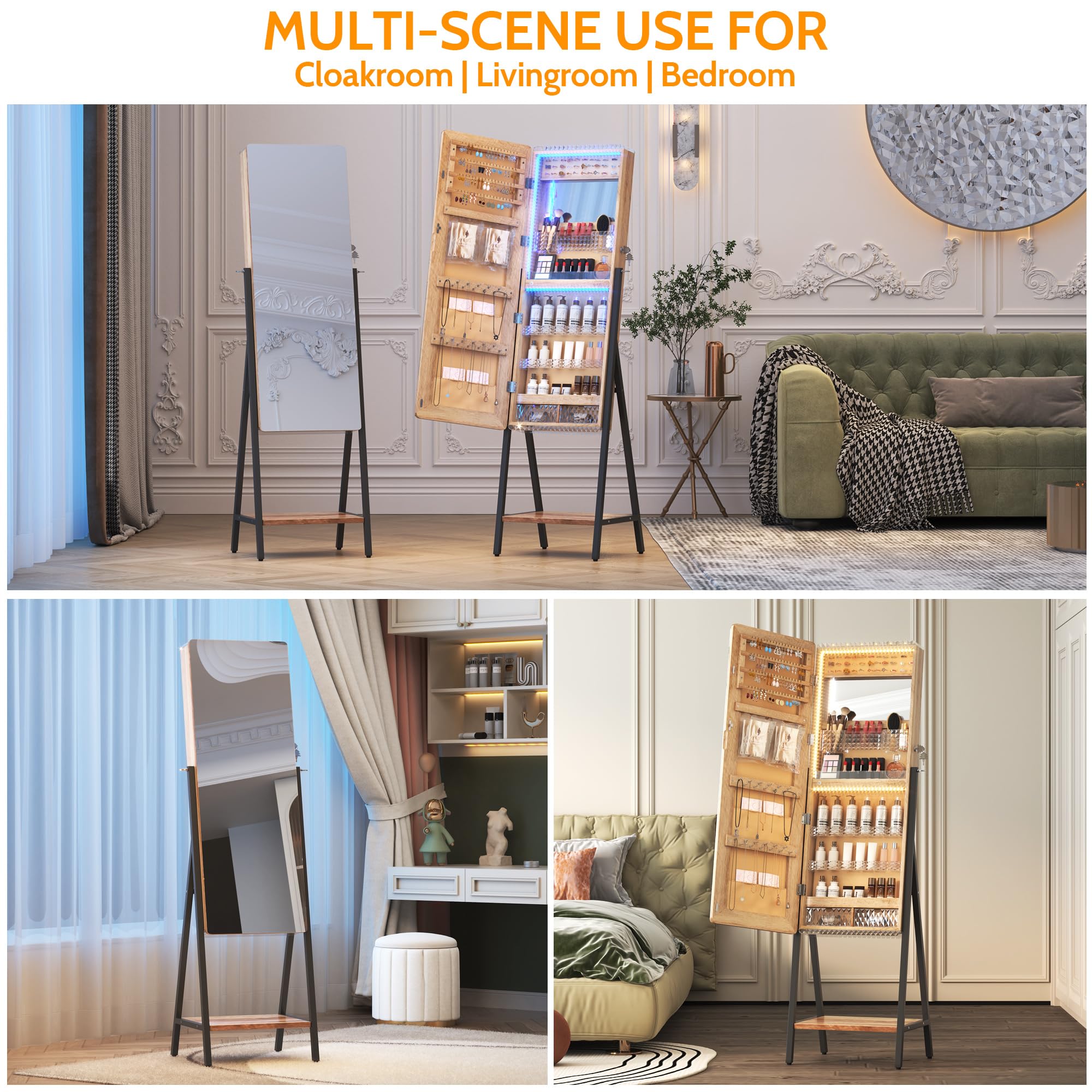 LVSOMT LED Standing Jewelry Mirror Cabinet with Storage - Full Length Floor Mirror with 2 Drawers, Lockable Jewelry Armoire Organizer, Bottom Shelf & Built-in Lighted Makeup Mirror (Brown) - Perfect for Bedroom, Dressing Room & Vanity Area Organization