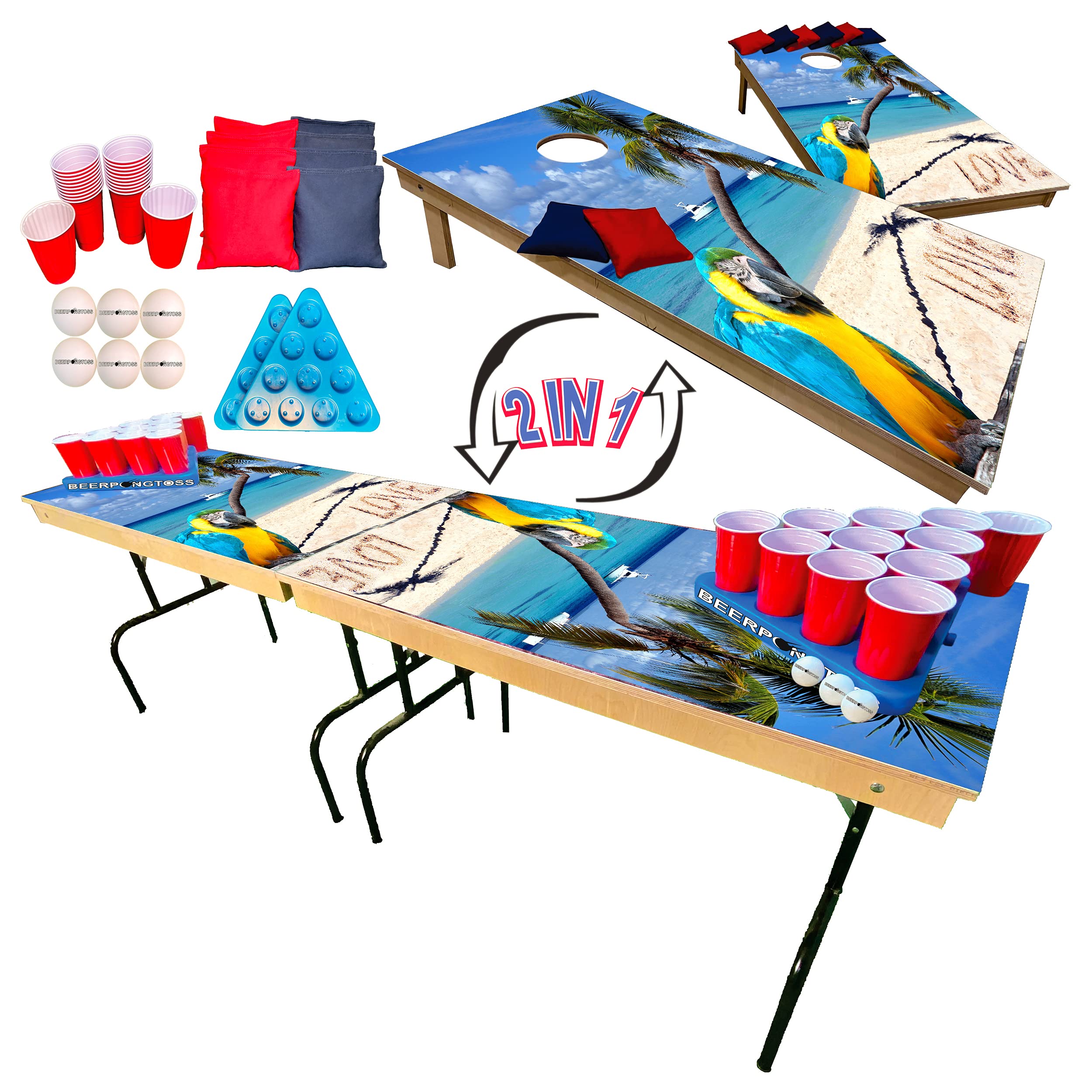 2-in-1 Cornhole & Tailgate Pong Table Set - Tropical Parrot Design - 8Ft Portable Game Table with 2 Cornhole Boards (4x2Ft), 8 Bags, 22 Cups, 6 Balls & 2 Racks - Perfect for Backyard Parties, College Events & Tailgating