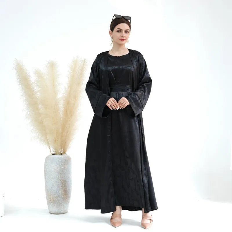 Elegant Jacquard Satin 2-Piece Muslim Women's Open Abaya Dress Set - Perfect for Prayer, Eid, and Special Occasions