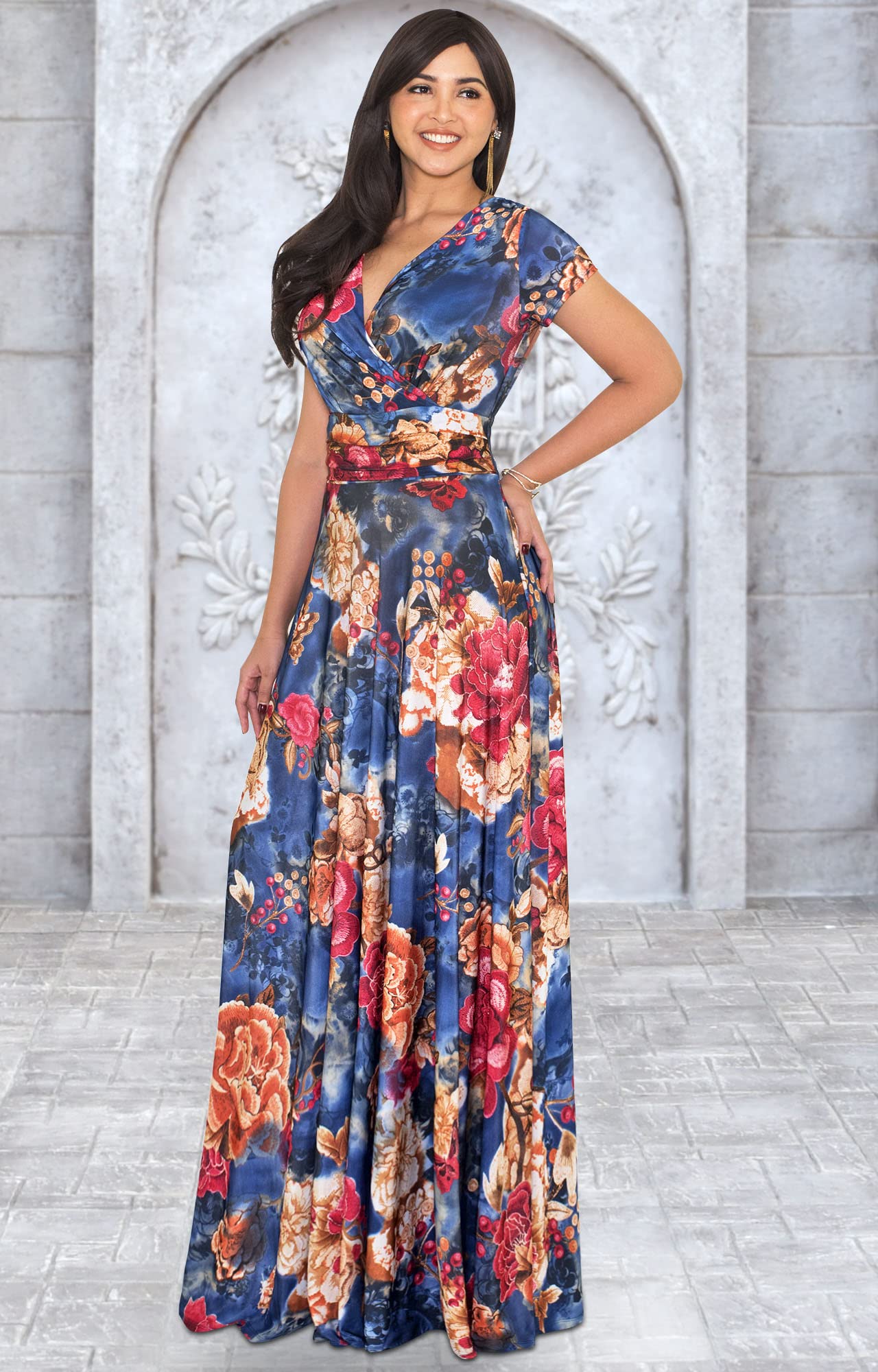 KOH KOH Women's Long Maxi Summer Dress - Floral Print Short Sleeve Flowy Modest Gown for Beach, Vacation & Casual Wear