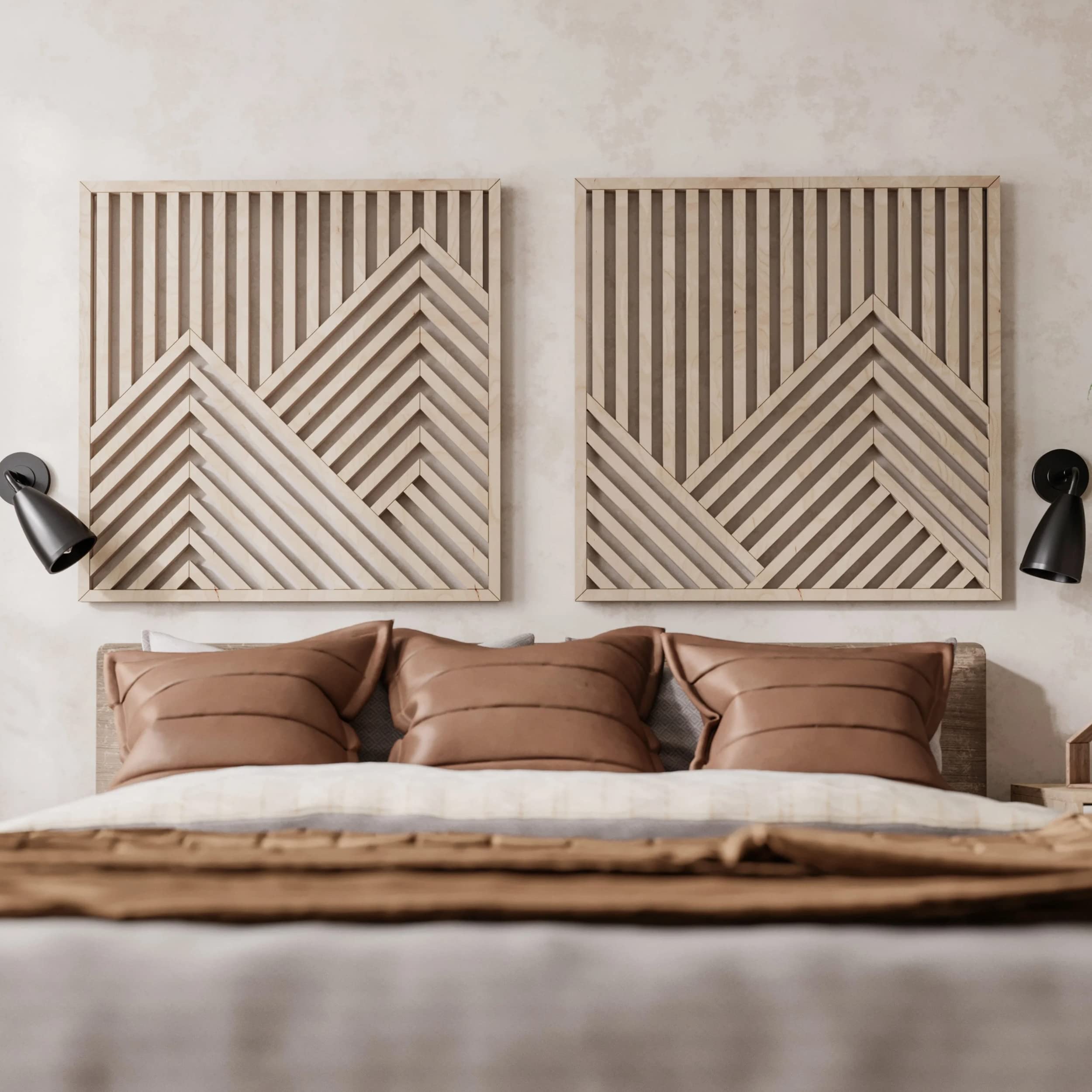 Modern Rustic Wooden Wall Art Set of 2 Panels - 22'' x 22'' Handcrafted Mountain Decor for Living Room, Bedroom & Office - Natural Wood Wall Hangings for Home Decor