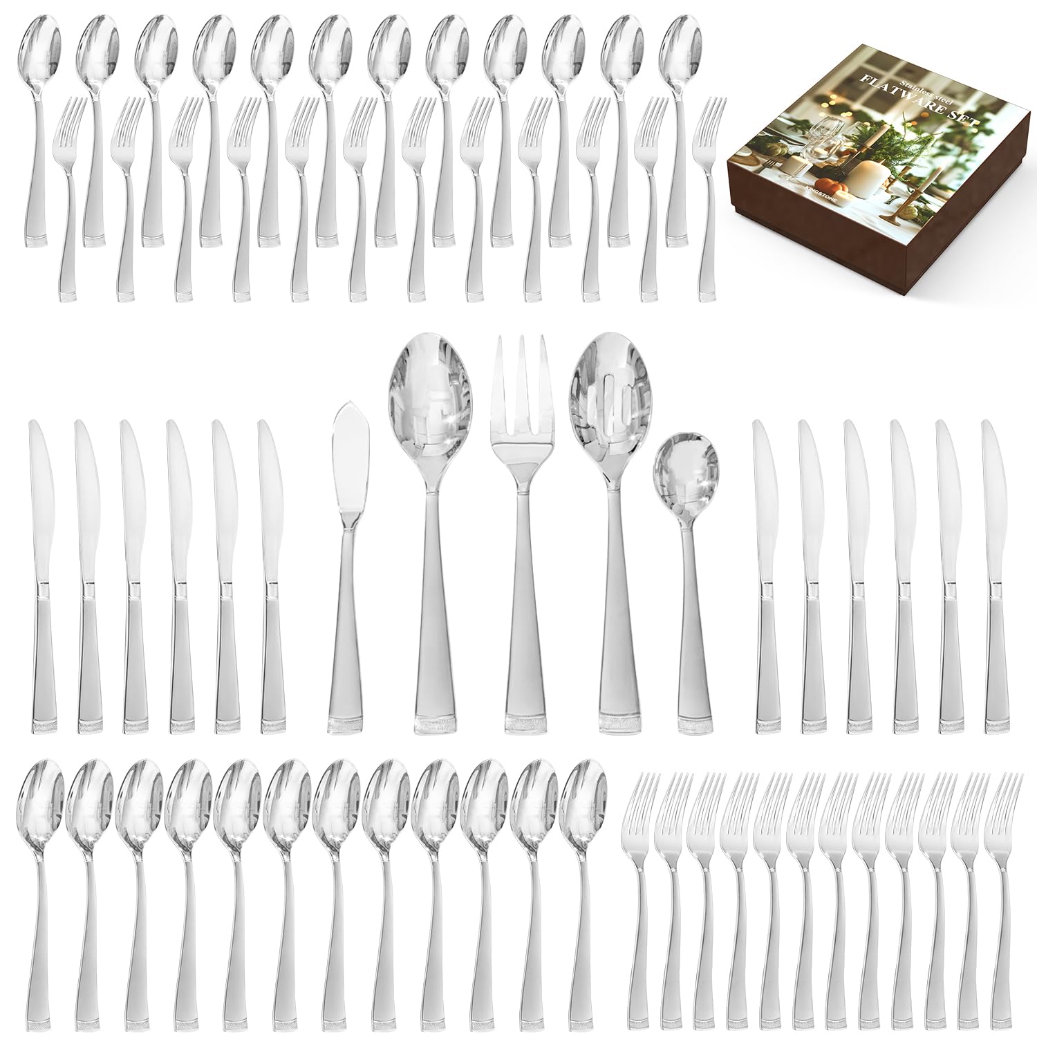 KINGSTONE 65-Piece Silverware Set for 12, 18/10 Stainless Steel Flatware Set with Bead Edge - Mirror Polished, Dishwasher Safe Cutlery for Kitchen, Home, Party & Wedding - Perfect for Holiday Dinners, Formal Dining & Gift Giving