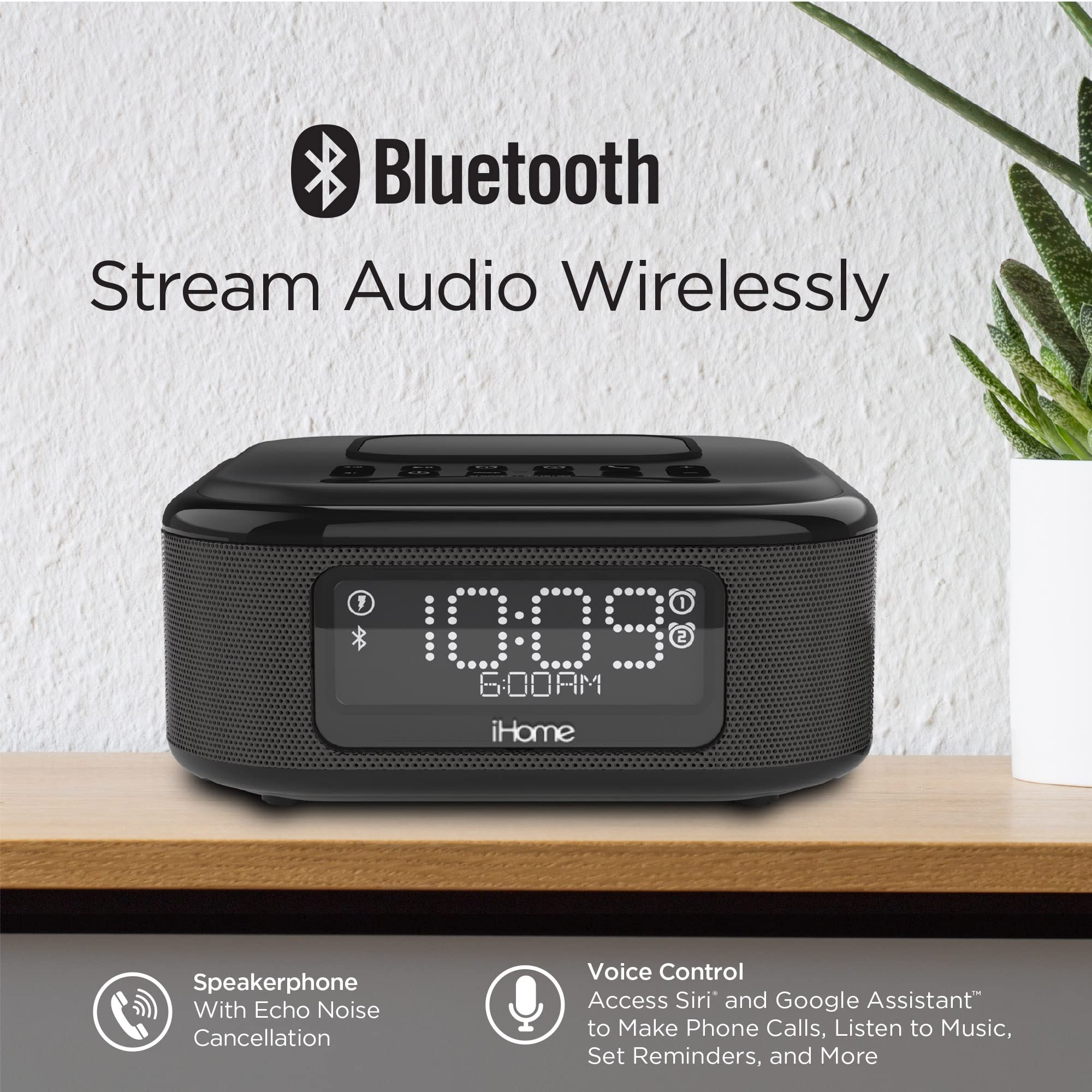 iHome Alarm Clock with Wireless Charging - Bluetooth Speaker & USB Charger - Digital LED Display for Bedroom, Office, Dorm - Perfect for Nightstand Charging & Morning Wake-Up (IBTW23B8)
