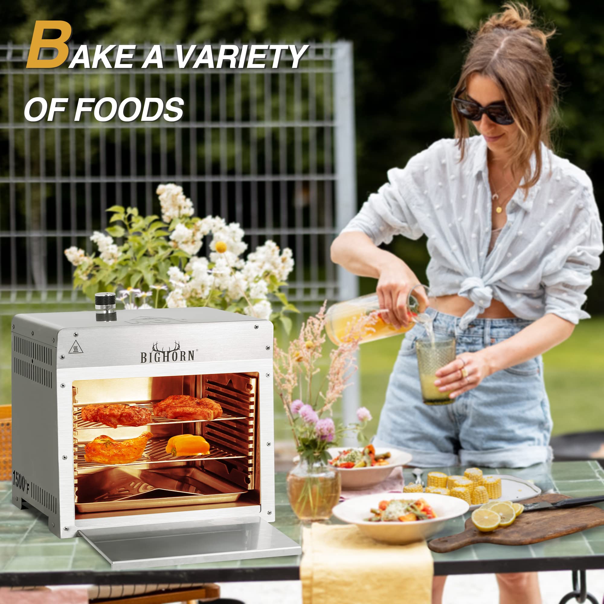 BIG HORN OUTDOORS 1500°F Portable Infrared Grill Tabletop Broiler - Stainless Steel Propane Steak Cooker & Outdoor BBQ Machine with Pizza Stone - Perfect for Grilling Steaks, Burgers, Pizza in Backyard, Camping & Tailgating Parties