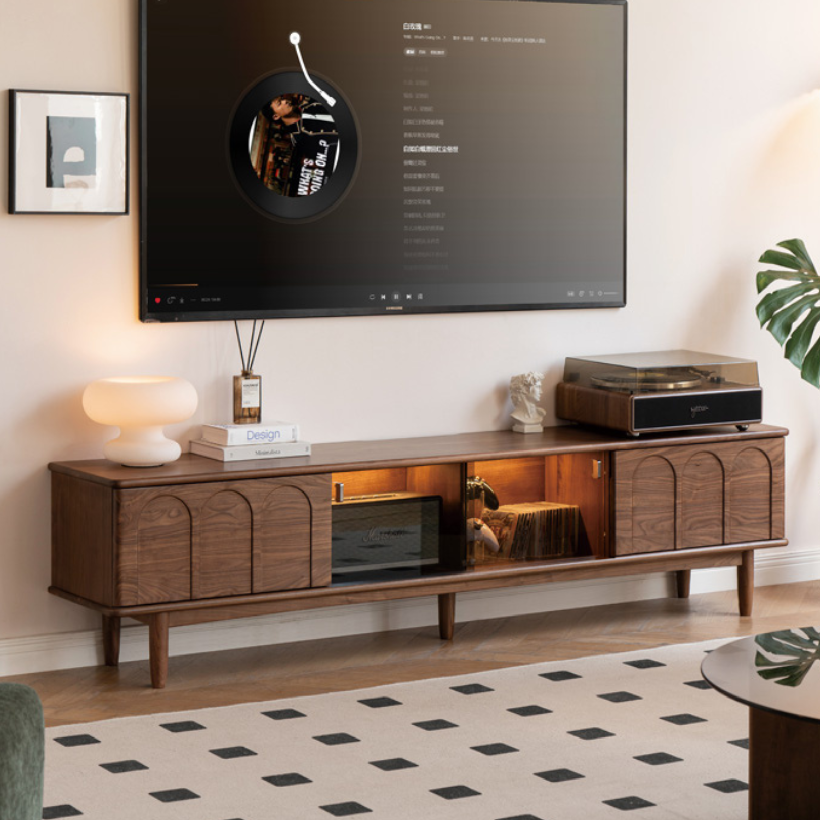 Solid Black Walnut Wood Retro TV Stand with Large Storage | Vintage Entertainment Center for Living Room & Home Theater