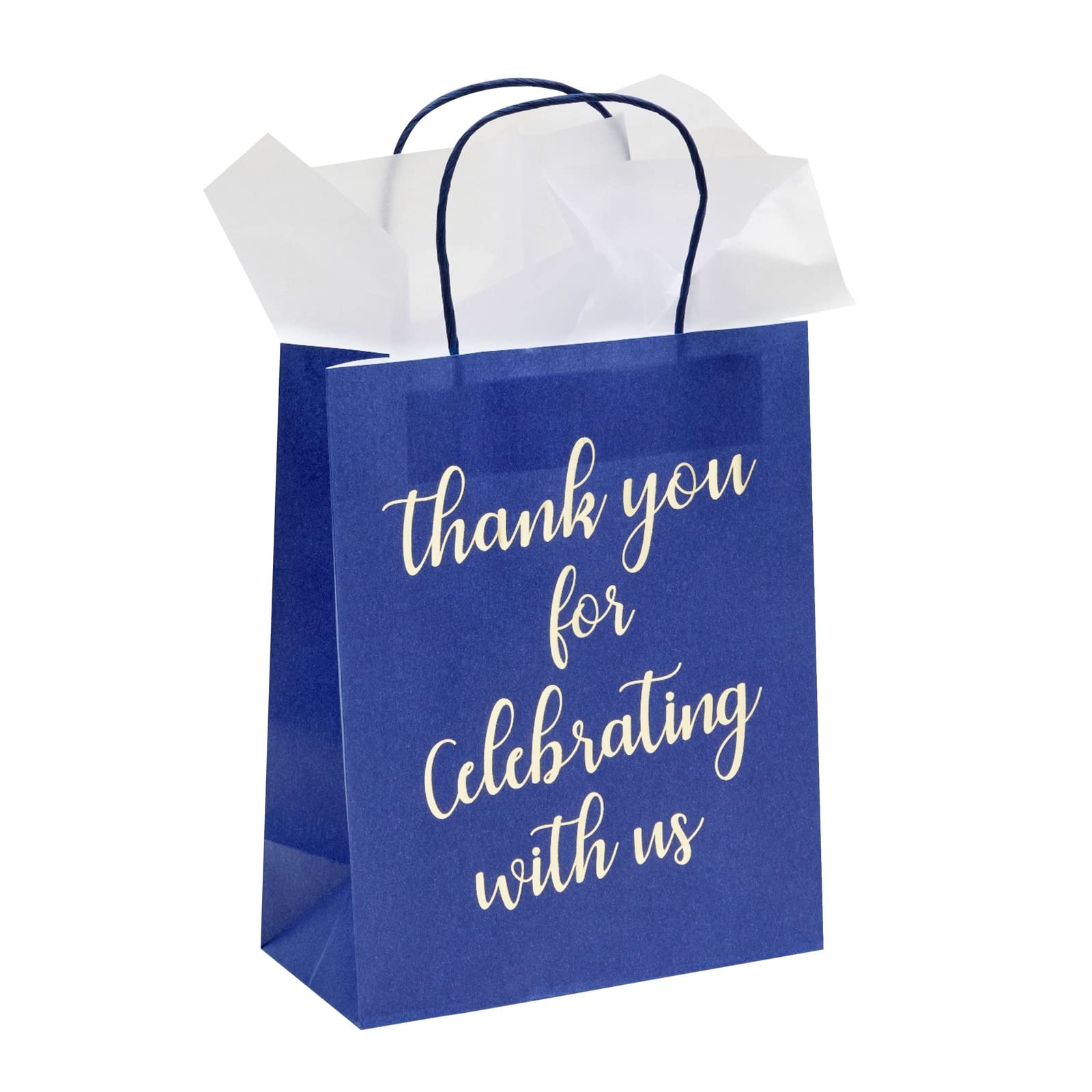 Premium Navy Blue Gift Bags with Gold Foil Script - 8x4x10 Inch Medium Thank You Bags with Handles (Pack of 24) + 24 White Tissue Papers - Perfect for Birthday Parties, Baby Showers & Wedding Favors
