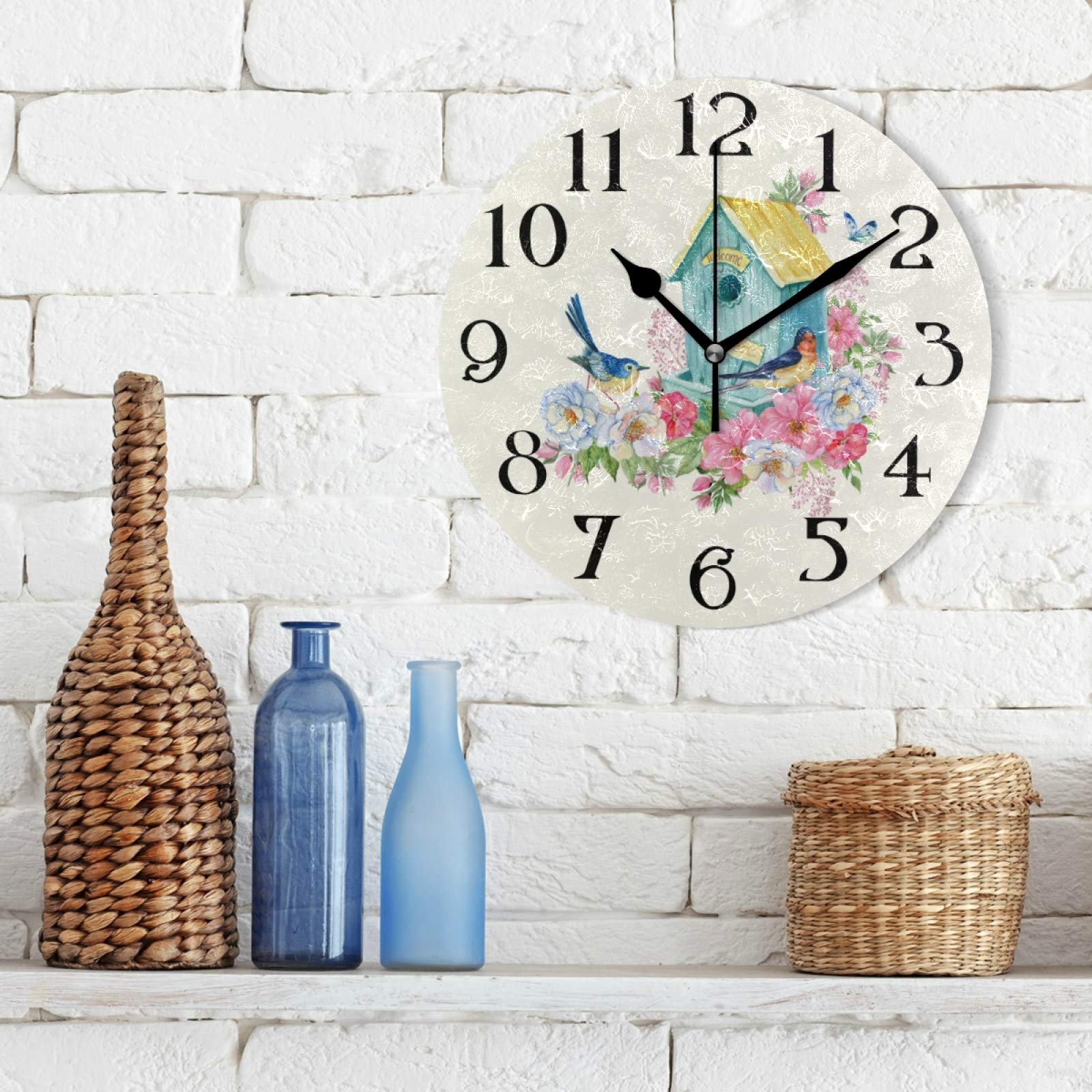 Butterfly & Bird House Wall Clock - 9.5 Inch Silent Non-Ticking Round Quartz Analog Clock for Bathroom, Kitchen, Garden - Battery Operated Decorative Wall Clock for Home & Office Use