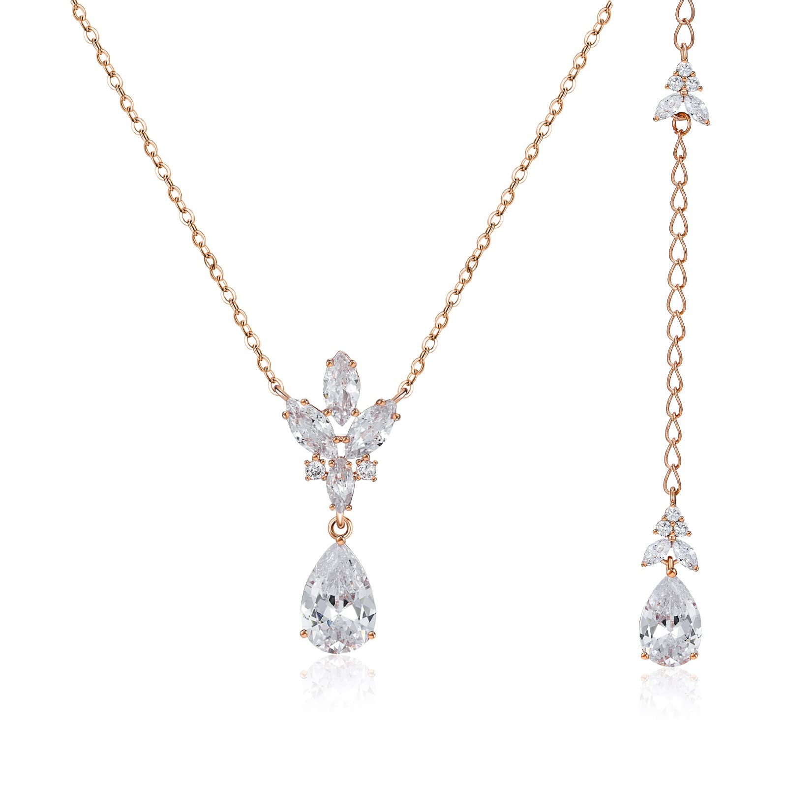 SWEETV Teardrop Wedding Necklace for Bride & Bridesmaids - Cubic Zirconia Crystal Pendant Bridal Jewelry - Perfect for Weddings, Parties & Special Occasions