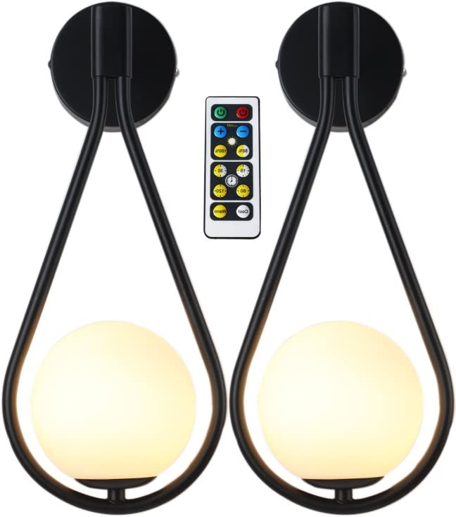 LSR Gold Wireless Wall Sconces 2 Pack - Battery Operated LED Swing Arm Lights with Remote Control, Brass Finish Metal Circle Fixtures for Living Room, Bedroom & Bathroom Decor - Perfect for Night Reading, Ambient Lighting and Space-Saving Wall Decor (Black)