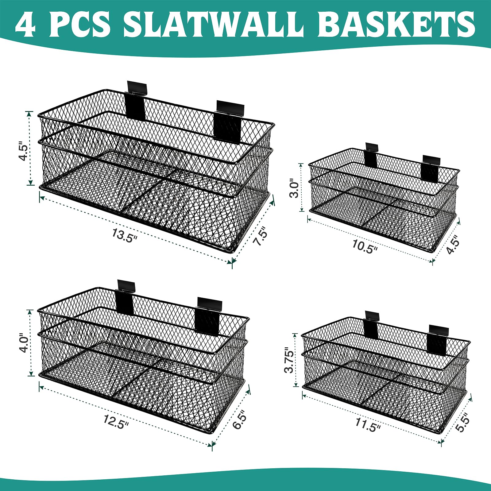 4 Pack Metal Slatwall Baskets - Hanging Wire Storage Bins for Retail Shelving (4 Sizes) - Perfect for Shop Displays, Home Organization & Garage Storage