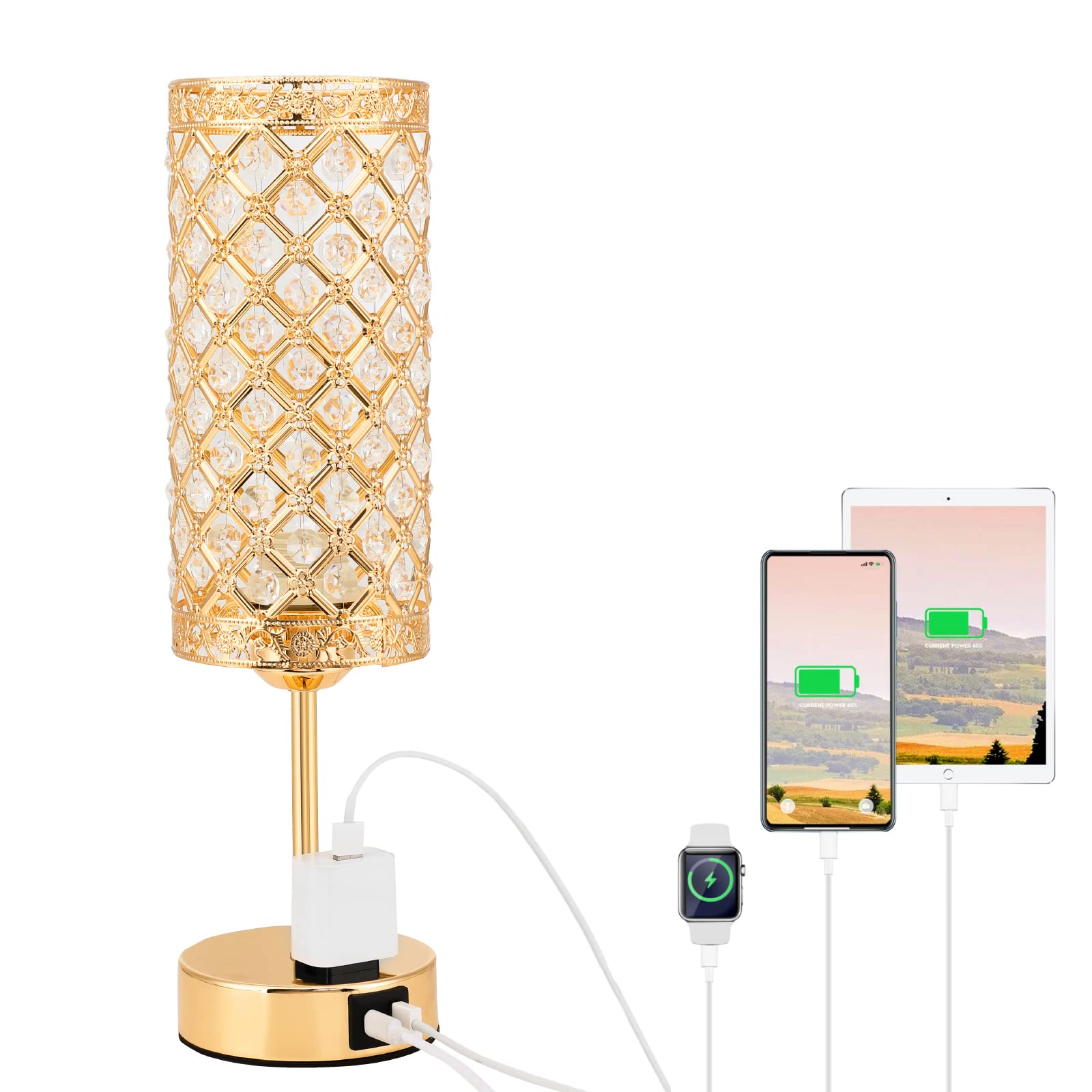 Modern USB Crystal Table Lamp with Gold Finish - 3-Way Dimmable LED Nightstand Light, USB A+C Charging Ports & Multiple Outlets - Perfect for Bedroom, Living Room, Sofa Table & Office Desk Decor