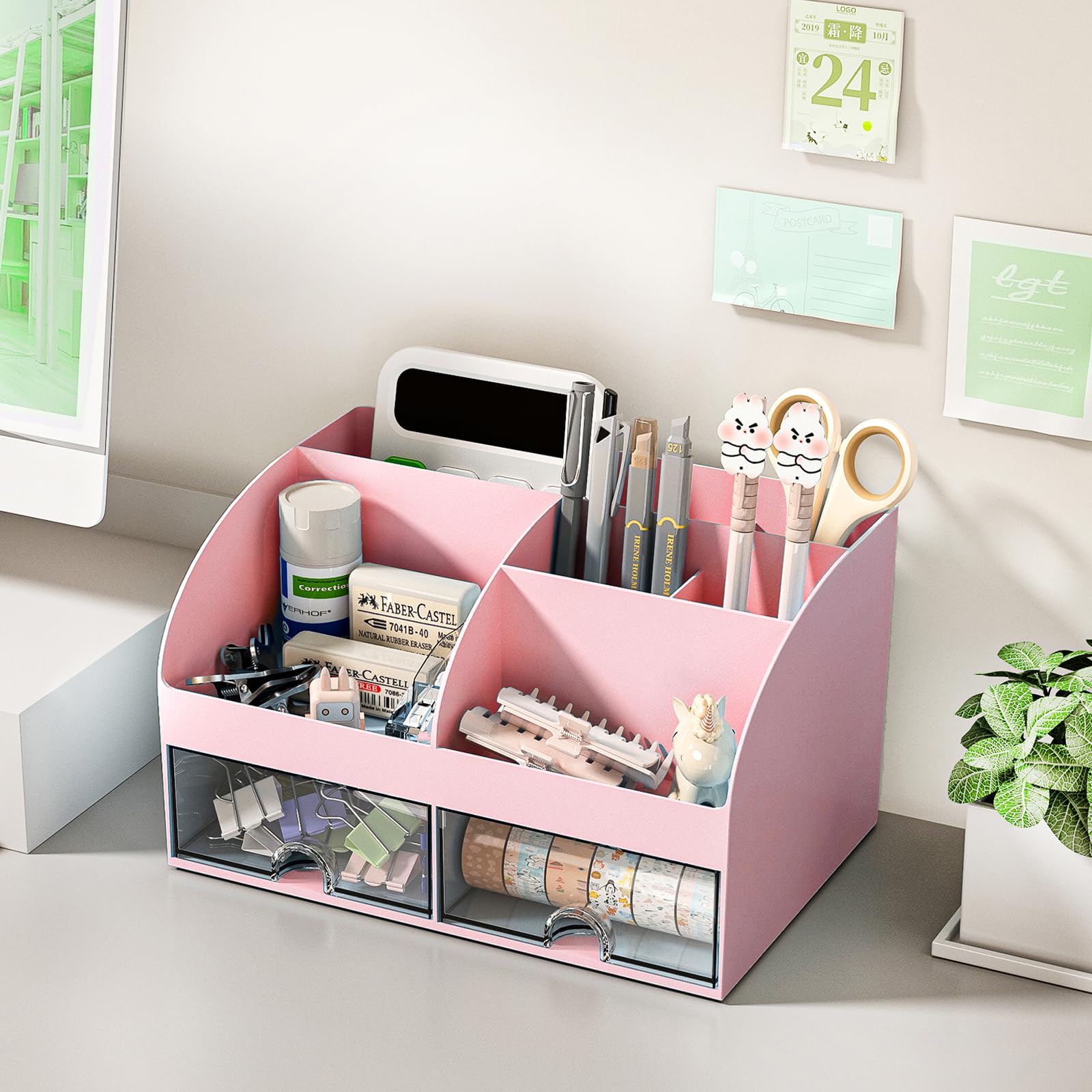 6-Compartment Plastic Desk Organizer with 2 Drawers - Pink Makeup & Pen Holder for School, Home & Office - Perfect for Desktop Storage & Organization (Ideal for Cosmetics, Stationery & Office Supplies)