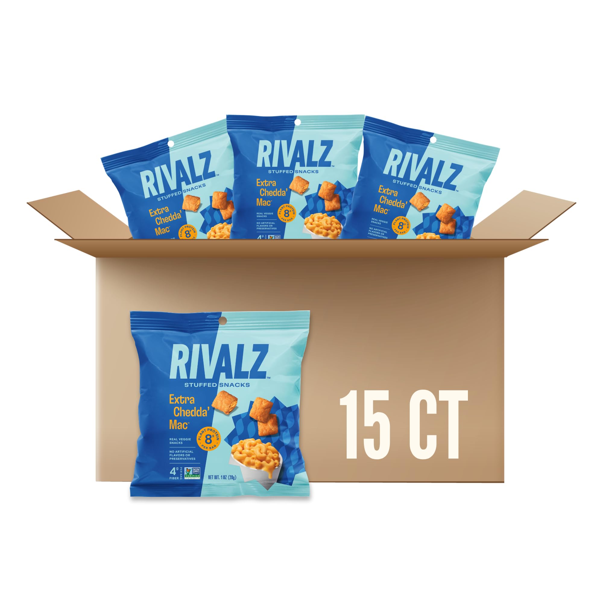 Extra Chedda' Mac High Protein Vegan Snacks - Gluten Free, Non-GMO, Plant Based Stuffed Snacks with Zero Added Sugar - Healthy Low Glycemic Snacks for Adults & Kids - 15 Count by Rivalz - Perfect for On-the-Go, Lunchboxes & Post-Workout Fuel