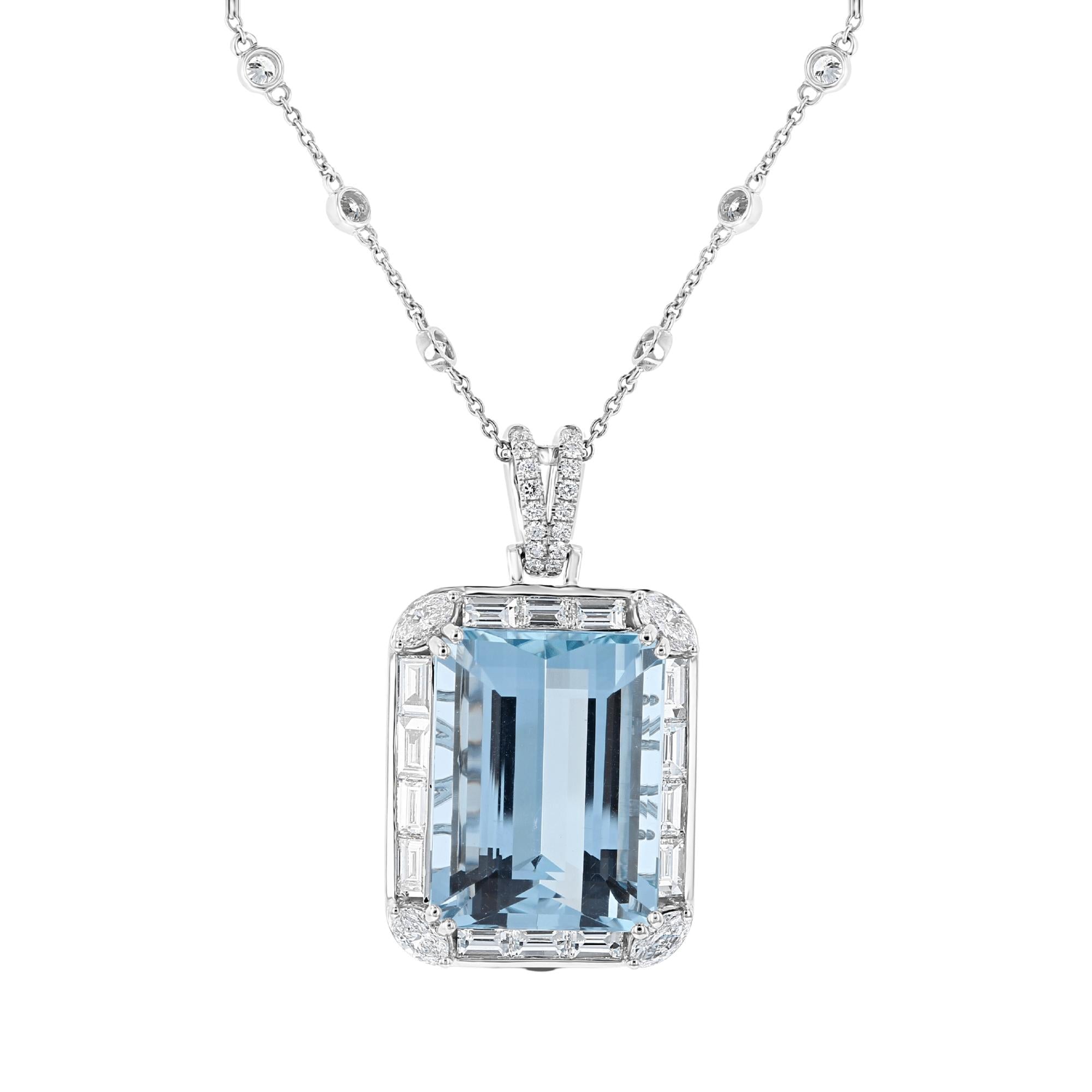 18KT Gold 43.19 CT Aquamarine & 4.67 CTW Diamond Halo Pendant Necklace - Elegant Jewelry Gift for Women, Perfect for Weddings, Anniversaries & Special Occasions