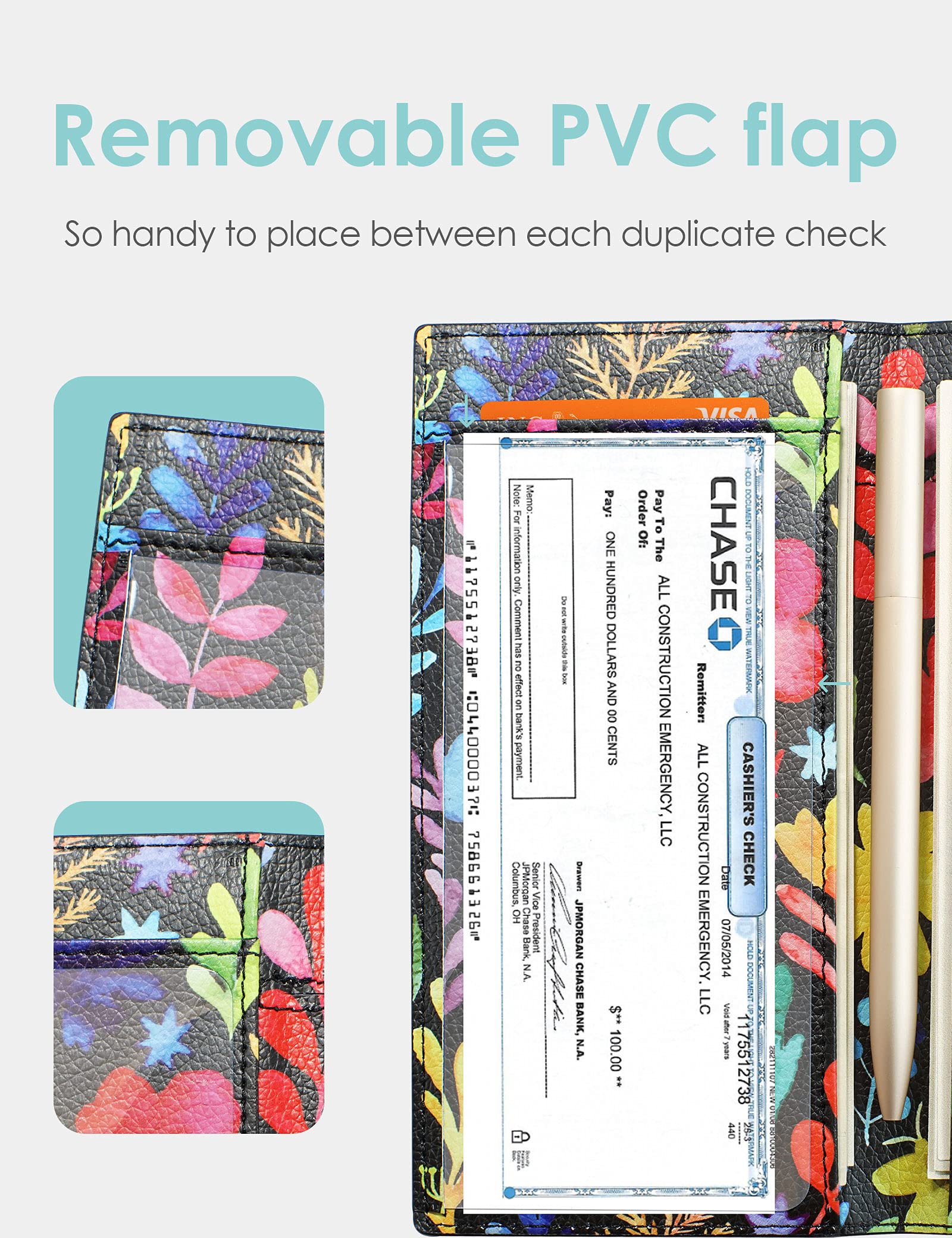 Premium Vegan Leather Checkbook Cover for Men & Women - Slim RFID Blocking Wallet Holder for Top & Side Tear Duplicate Checks (Floral Design) - Perfect for Everyday Banking & Secure Check Writing