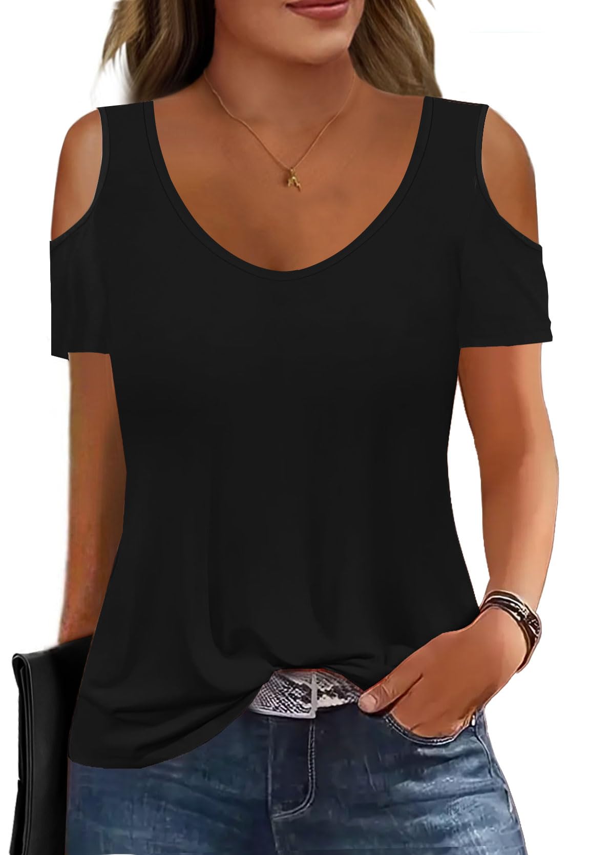 Soesdemo Women's Summer Tops - Scoop Neck Cold Shoulder Short Sleeve Loose Fit Basic Tee Shirts 2025 | Casual Wear, Beach Outfits, Vacation Essentials
