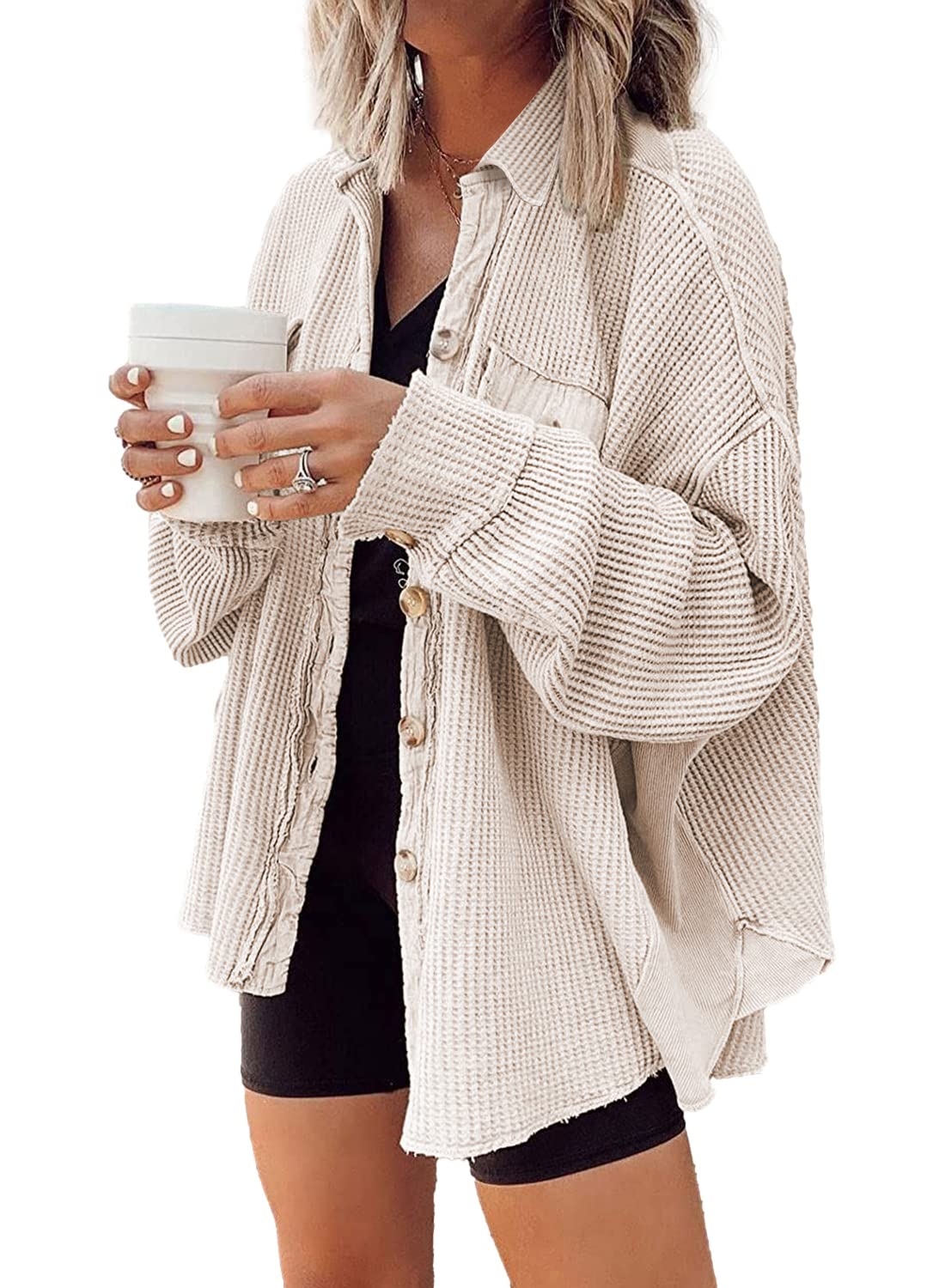 Nirovien Women's Waffle Knit Shacket - Oversized Button Down Shirt Jacket for Spring | Lightweight Long Sleeve Open Front Cardigan | Casual Loungewear, Workwear & Street Style Outfits