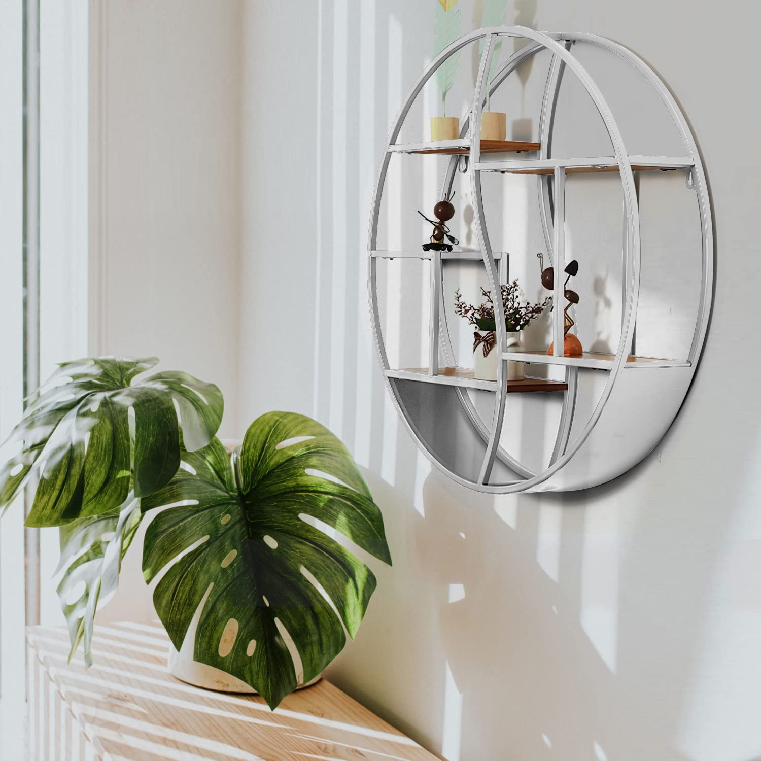 24 Inch Round Wall Shelf - Metal & Wood Circular Floating Shelves for Wall Decor | Silver Wall Mounted Display Organizer for Living Room, Bathroom, Fireplace & Bedroom | Modern Home Storage Solution for Books, Plants & Decor