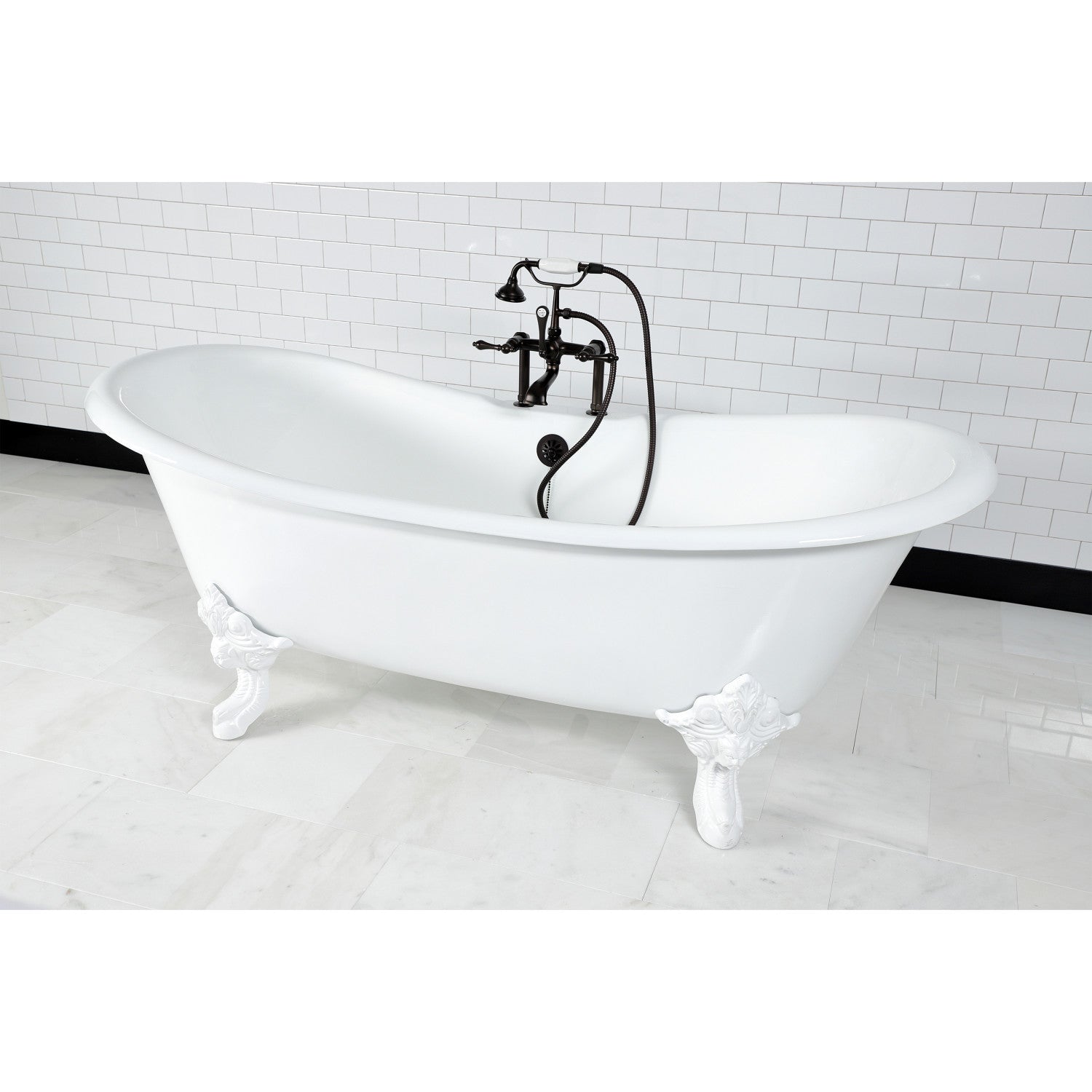 72 Inch White Cast Iron Oval Double Slipper Clawfoot Bathtub with 7 Inch Faucet Drillings - Vintage Freestanding Soaking Tub for Luxury Bathroom & Spa Retreat