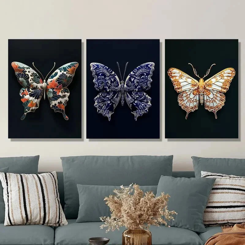 3-Piece Japanese Flower Butterfly Metal Print Wall Art - Black Background - Ready to Hang - Perfect for Living Room, Bedroom & Office Decor