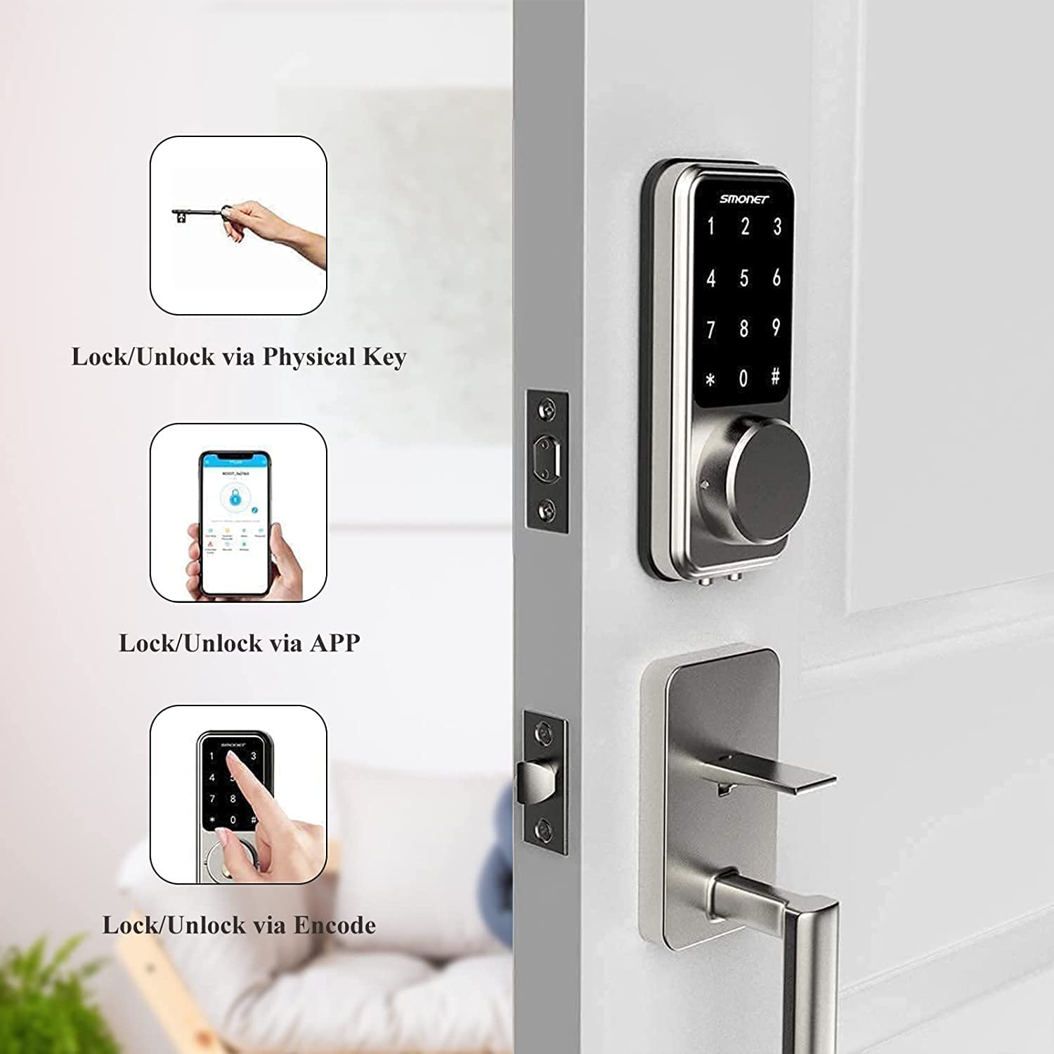 SMONET Smart Front Door Lock Set - Keyless Entry Digital Deadbolt with Handle, Bluetooth Electronic Keypad for Home Security - Perfect for Apartments, Vacation Rentals & Smart Homes