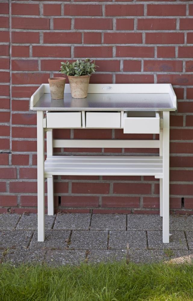 Esschert Design White Garden Work Bench - Heavy Duty Outdoor Workstation for Gardening, Potting, and DIY Projects