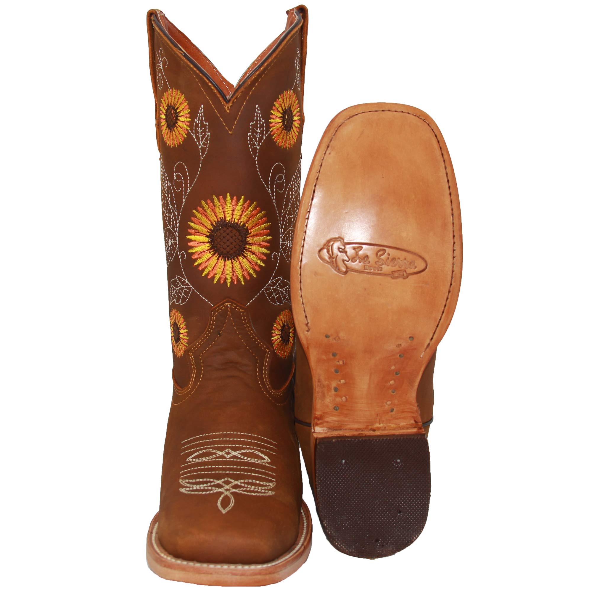 **Women's Western Cowboy Boots - Square Toe Leather Boots with Sunflower Embroidery | Country Style, Rodeo, Line Dancing & Casual Wear**