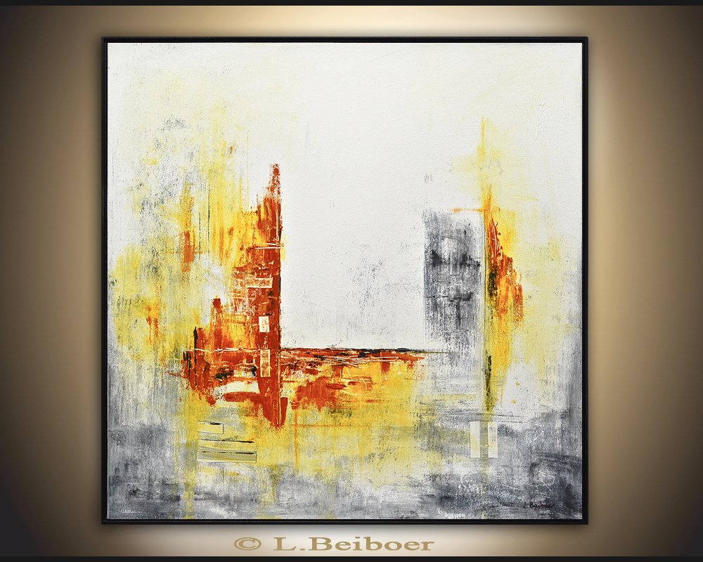 Modern Abstract Oil Painting - Gray White Yellow Contemporary Artwork Canvas Wall Decor for Living Room, Bedroom & Office