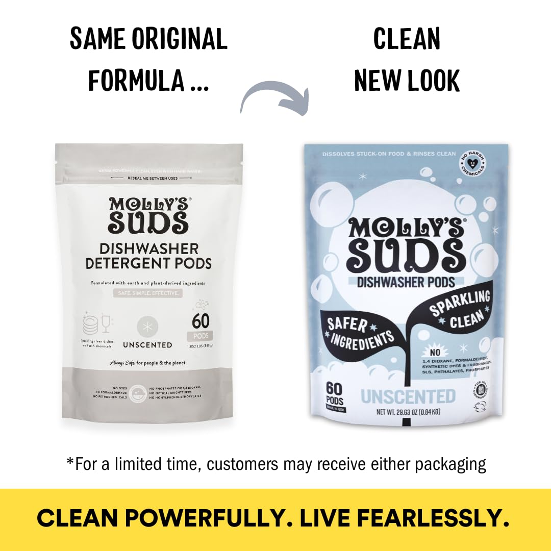 Molly's Suds Dishwasher Pods - Unscented Dishwasher Detergent Tablets, 60 Count | Residue-Free, Cuts Grease & Leaves Dishes Sparkling Clean | Perfect for Daily Dishwashing & Hard Water Areas