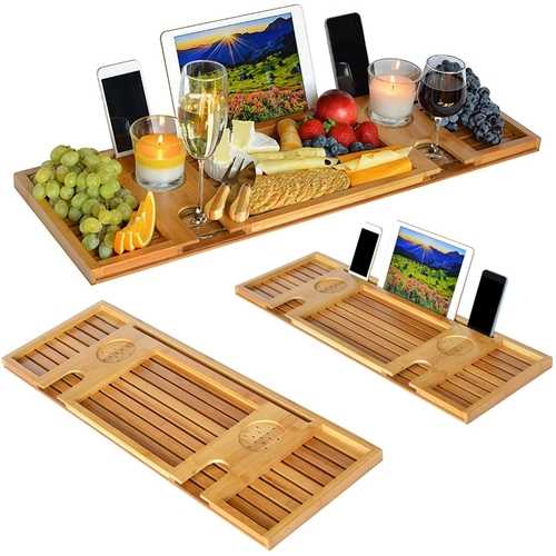Premium Bamboo Bathtub Caddy Tray with Book Holder, Tablet Stand, Phone Slot & Wine Glass Holder - Relaxing Bath Accessories for Spa, Reading & Wine Time