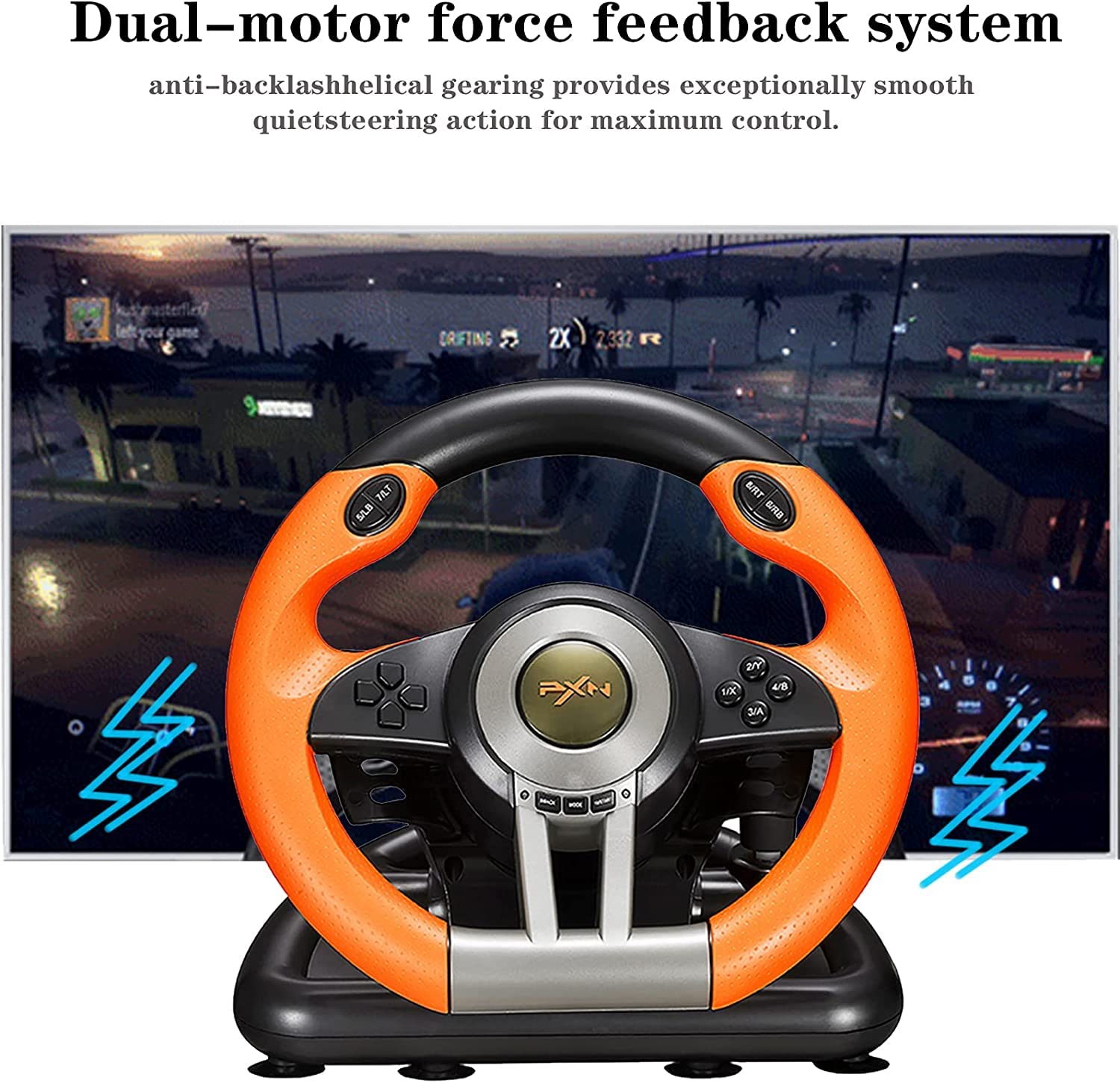 PXN V3 Pro Racing Wheel - 180° Steering Wheel for PS3, PS4, Xbox One, Xbox Series X/S, Nintendo Switch & PC - with Paddle Shifters, Gear Stick & Adjustable Pedals (Orange) - Perfect for Racing Games & Simulation Driving