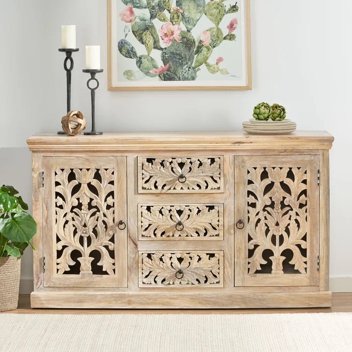 Hand Carved Wooden Sideboard - Indian Design Buffet Table for Dining Room & Living Room Storage | Solid Wood Cabinet for Home Decor & Entertaining