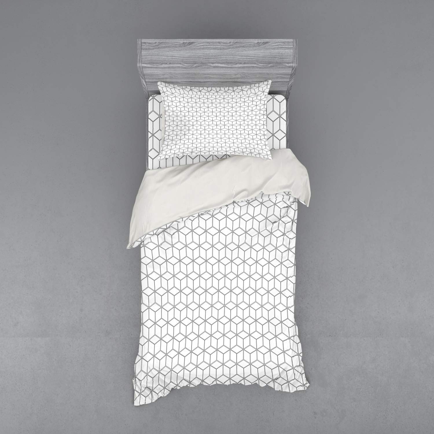 Ambesonne Abstract Bedding Set - Minimalist Cubes Geometric Pattern Duvet Cover 3 Piece Set with Pillow Sham & Fitted Sheet, Twin Size Black White - Modern Home Decor for Bedroom, Guest Room & Dorm