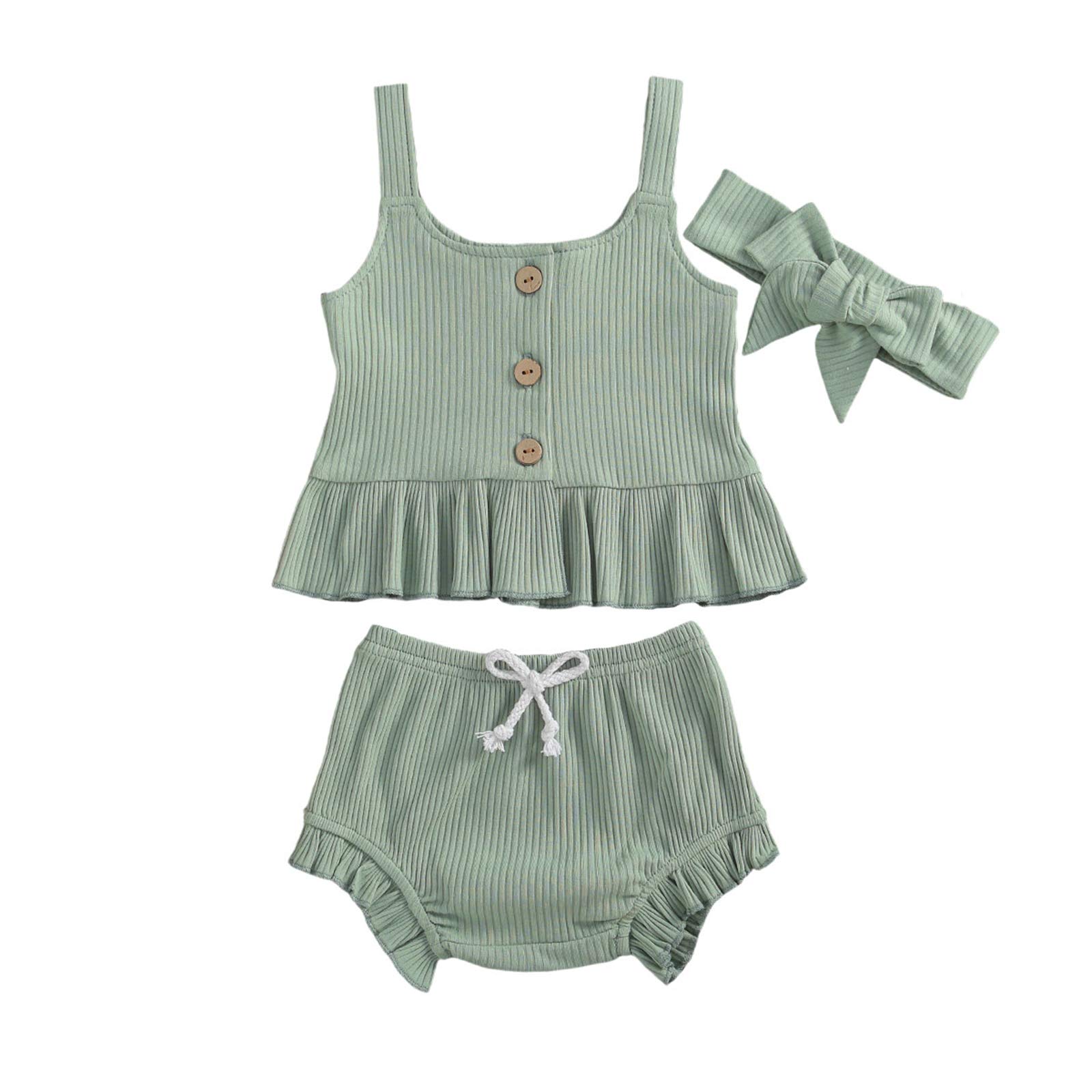 Newborn Baby Girl Summer Outfit Set - Knitted Suspender Dress with Ruffle Top & Shorts | Soft & Comfortable Infant Clothes for 0-24 Months | Perfect for Summer Photoshoots, Family Outings & Special Occasions