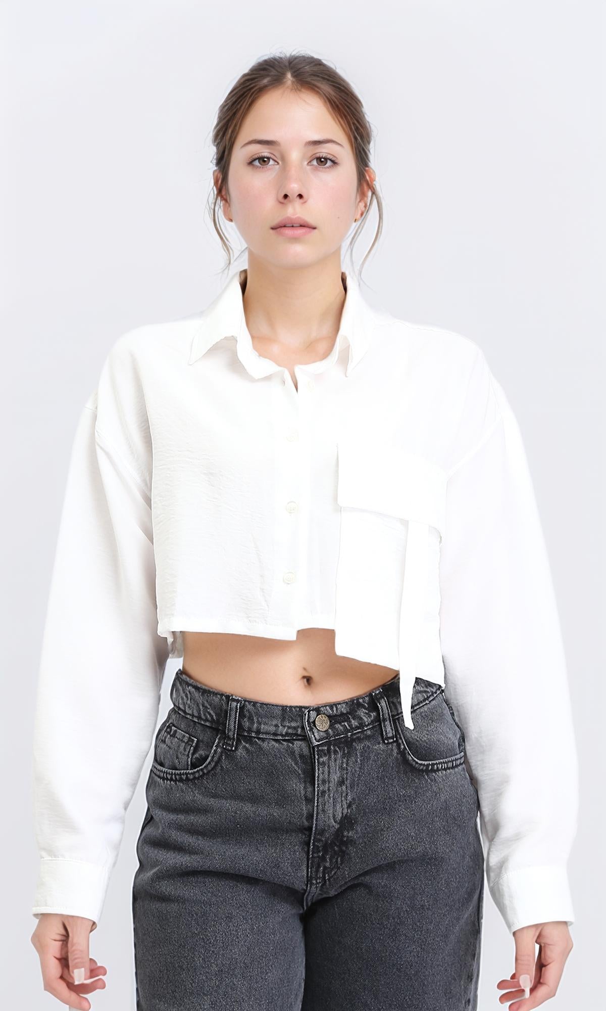 R208489 Solid Cropped Shirt with Front Pocket - White | Women's Casual Short Sleeve Top for Summer Outfits & Streetwear Fashion