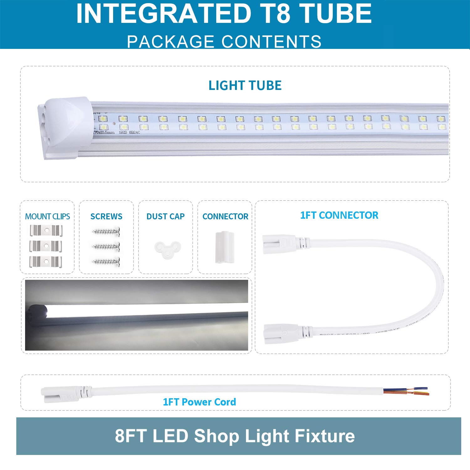 8FT LED Shop Light Fixture - 72W 8640LM 6000K Daylight White, Linkable T8 LED Tube Lights for Garage, Warehouse, Basement & Workshop - High Output Plug & Play (8-Pack) - Perfect for Industrial Spaces, Retail Stores & Home Improvement Projects