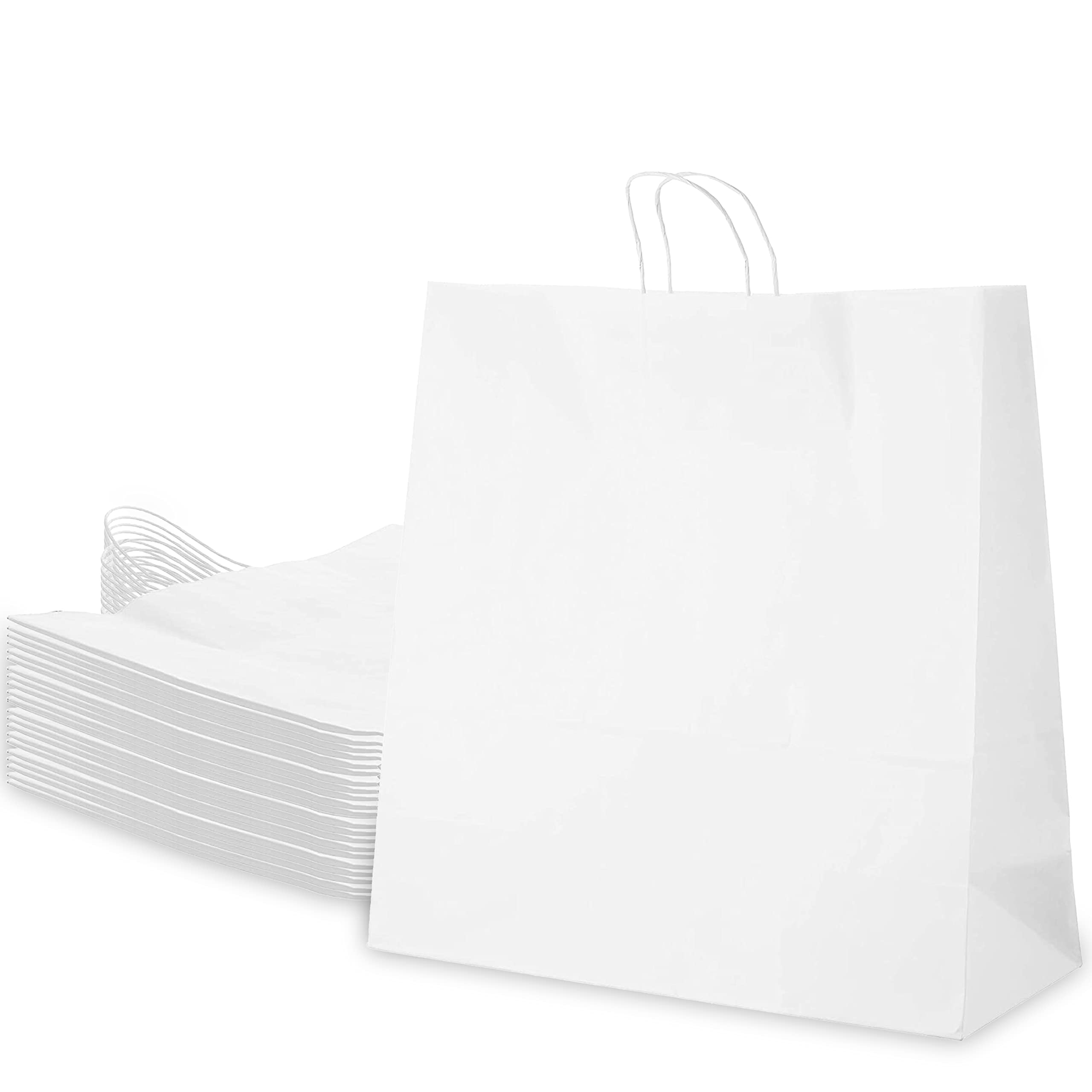 EcoQuality Large White Kraft Paper Bags with Handles 18x7x19 inches - 200 Pack | Reusable & Durable Shopping, Gift, Party, Grocery Bags | Eco-Friendly Lunch Bags for Retail, Merchandise & Everyday Use