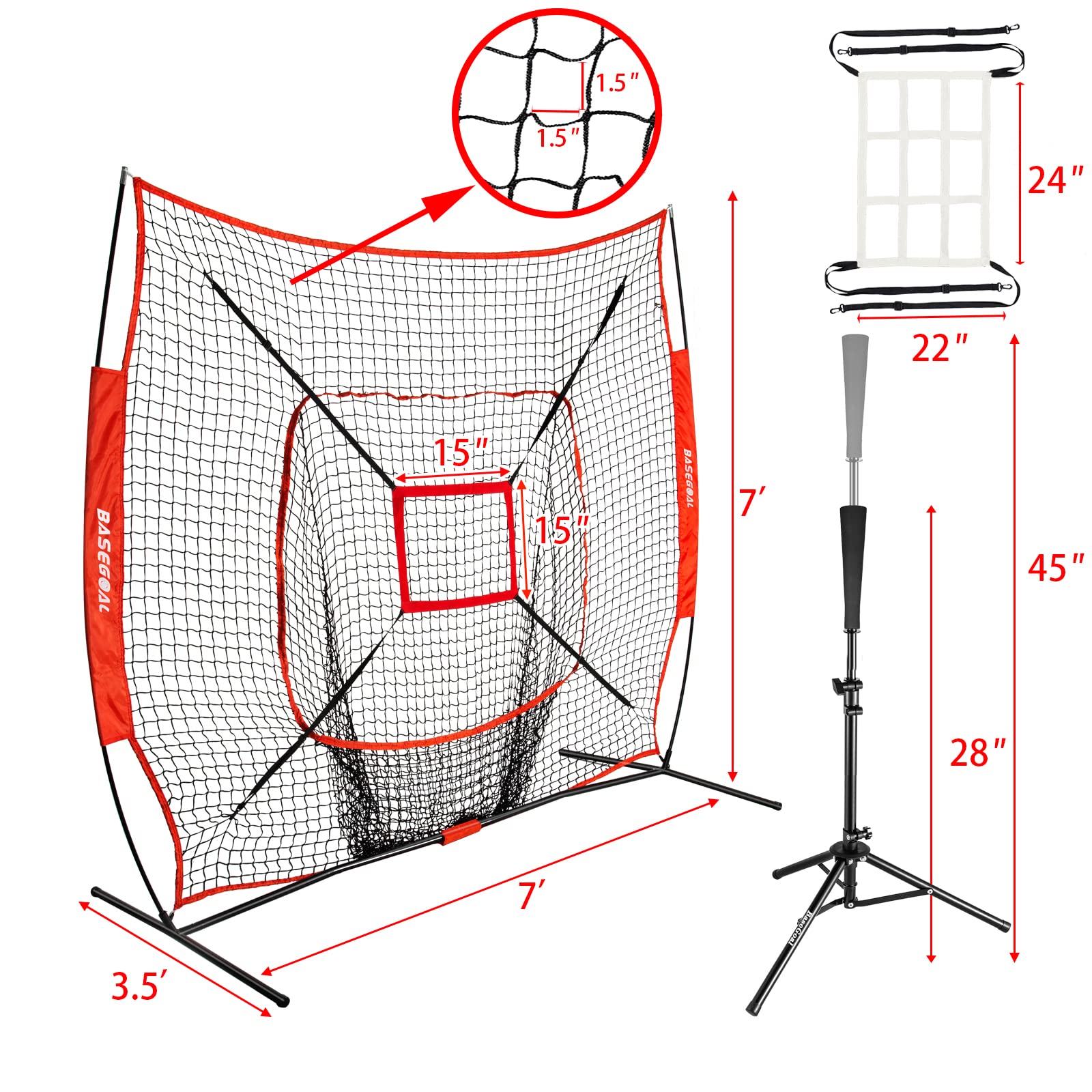 7'×7' Baseball & Softball Practice Net with Batting Tee - Portable Backstop for Hitting, Pitching & Catching - Sturdy Bow Frame Design with Bonus Strike Zone - Perfect for Backyard Training, Team Practice & Youth Baseball Drills