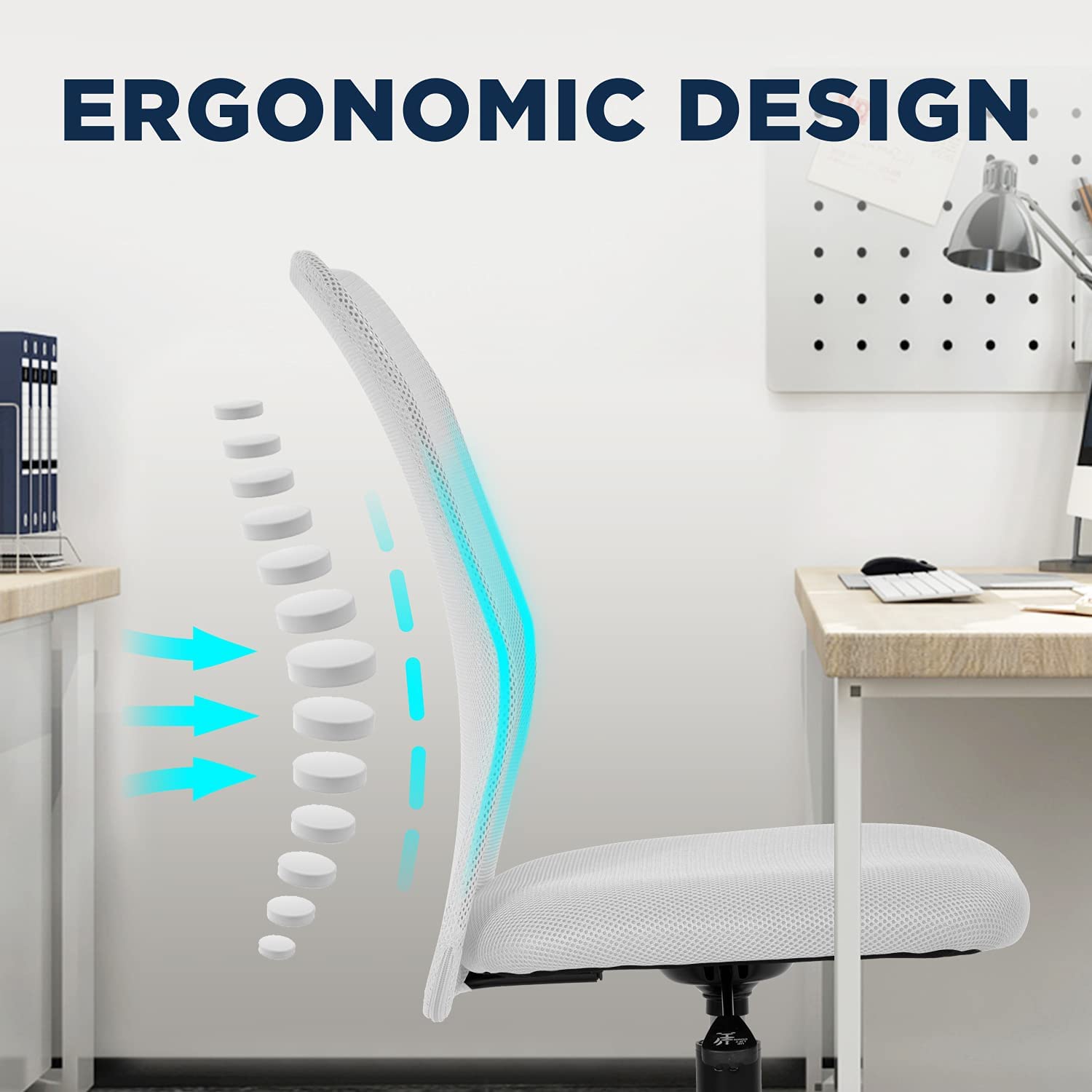 Ergonomic Mesh Office Chair - Adjustable Swivel Rolling Computer Desk Chair with Wheels for Home & Office - Modern Executive Task Chair for Women & Men, Armless Design, White - Perfect for Long Work Hours, Gaming, and Remote Work