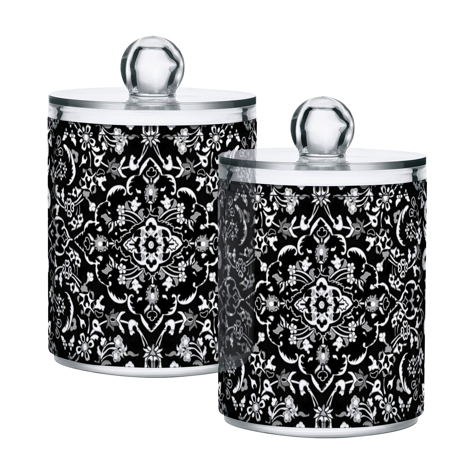 Persian Tribal Ethnic Floral Vintage Black & White Pattern Plastic Storage Jars with Lids (Set of 2) - 10oz Translucent Food Containers for Cotton Swabs, Tea, Cookies | Perfect for Kitchen Pantry Organization, Bathroom Storage & Home Decor