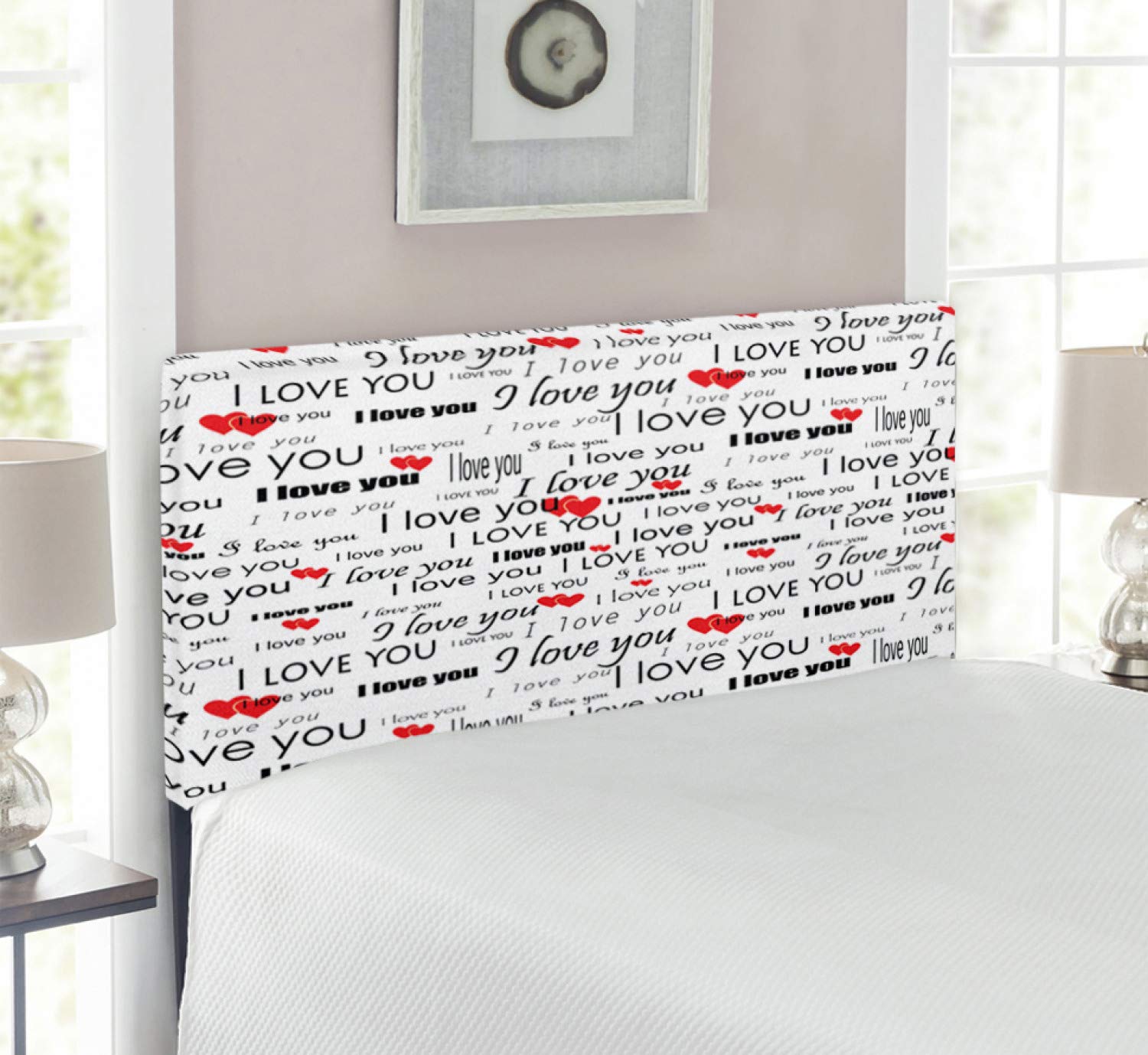 Ambesonne Romantic Upholstered Headboard with Memory Foam - 'I Love You' Hearts Design for Couples, Valentine's Day Decor, Twin Size Bed Frame in Vermilion Black & White | Perfect for Master Bedrooms, Guest Rooms & Romantic Home Decor