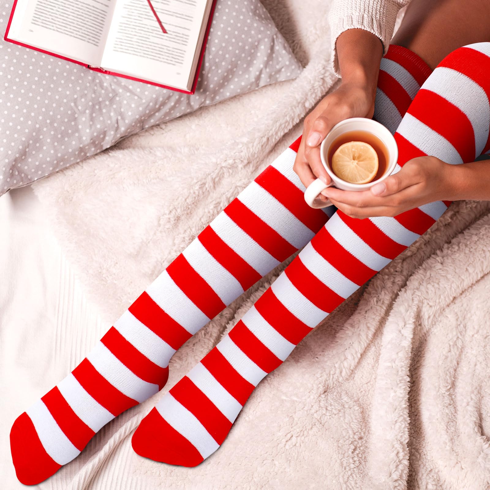12 Pairs Women's Striped Over Knee Thigh High Socks - Christmas Knit Long Stockings for Party, Costume & Cosplay - Perfect for Holiday Gifts, Winter Fashion & Festive Outfits