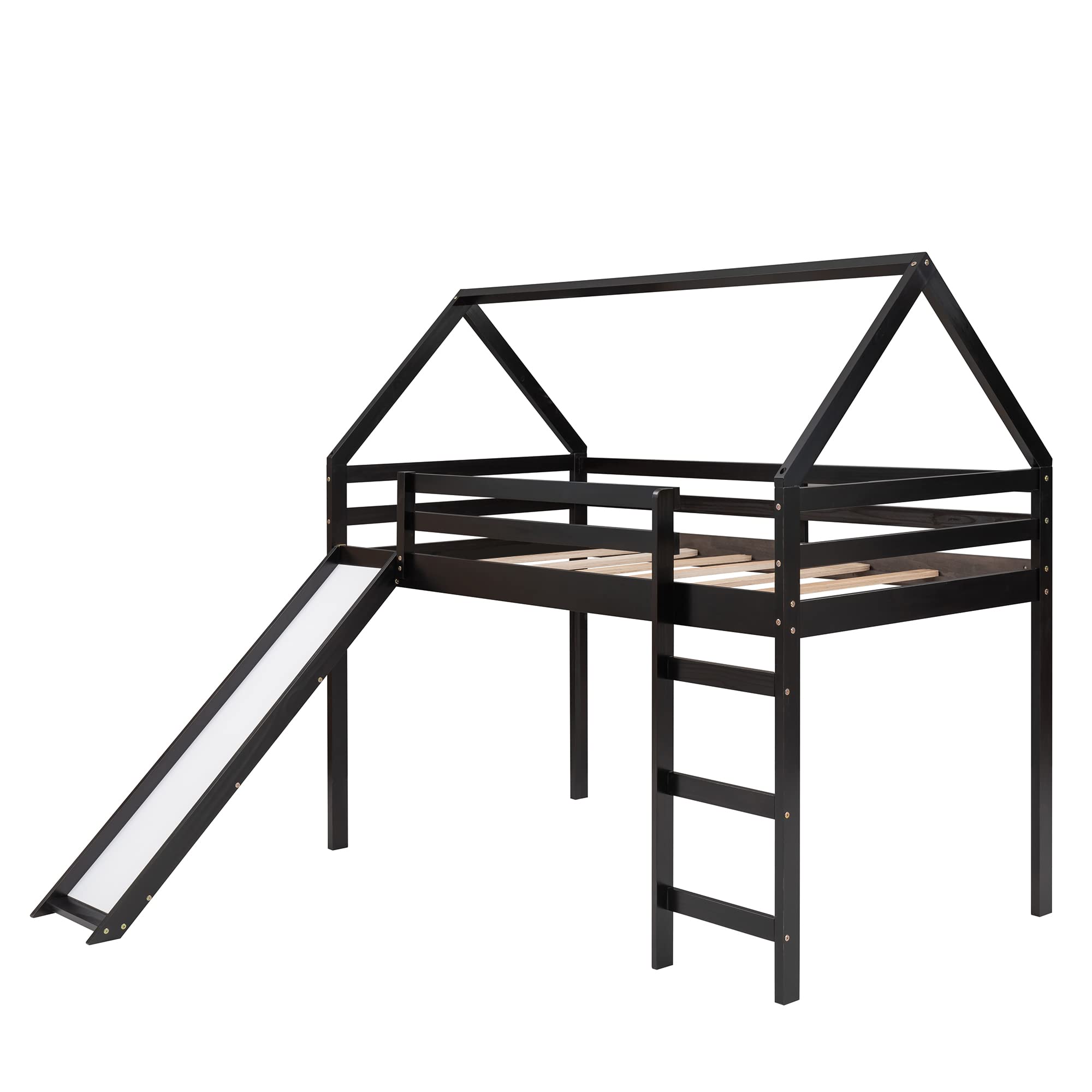 SOFTSEA Full Size Loft Bed with Slide & Built-in Ladder - Kids & Teens Wooden Bunk Bed for Boys & Girls (Espresso Finish) - Perfect for Small Bedrooms, Playrooms & Dorm Rooms