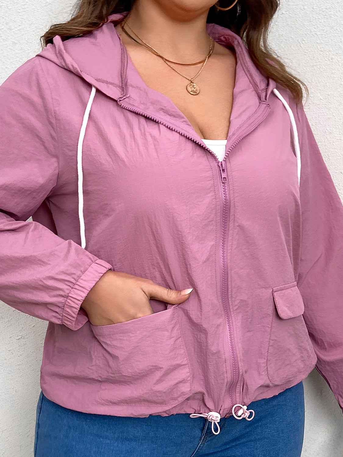 Plus Size Pink Zip Up Drawstring Hooded Jacket with Pockets - Women's Casual Outerwear for Spring & Fall | Perfect for Outdoor Activities, Travel & Everyday Wear