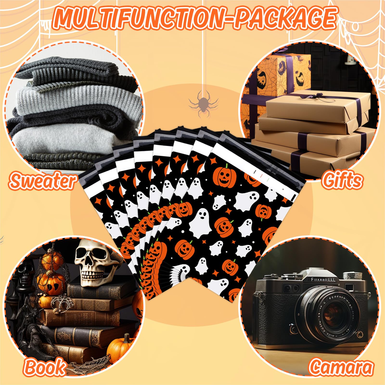 100Pcs 10x13 Inch Halloween Poly Mailers - Self Sealing Ghost Pumpkin Design Shipping Bags for Small Business, Boutique & Clothing | Waterproof Mailing Envelopes for Ecommerce, Party Favors & Gift Wrapping