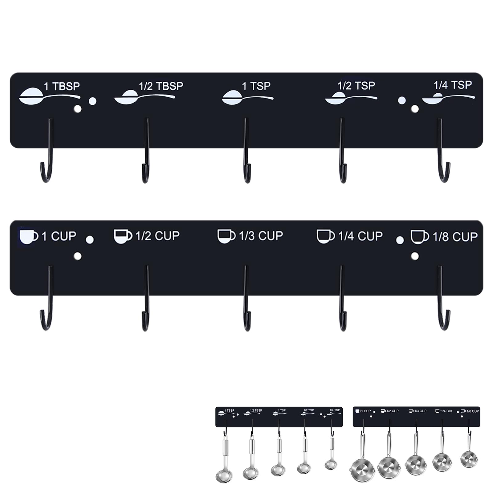 Premium Measuring Cups and Spoons Hanging Rack - 2-Piece Kitchen Organizer with Screw & Adhesive Mounting for Easy Storage | Perfect for Baking, Cooking, and Kitchen Organization