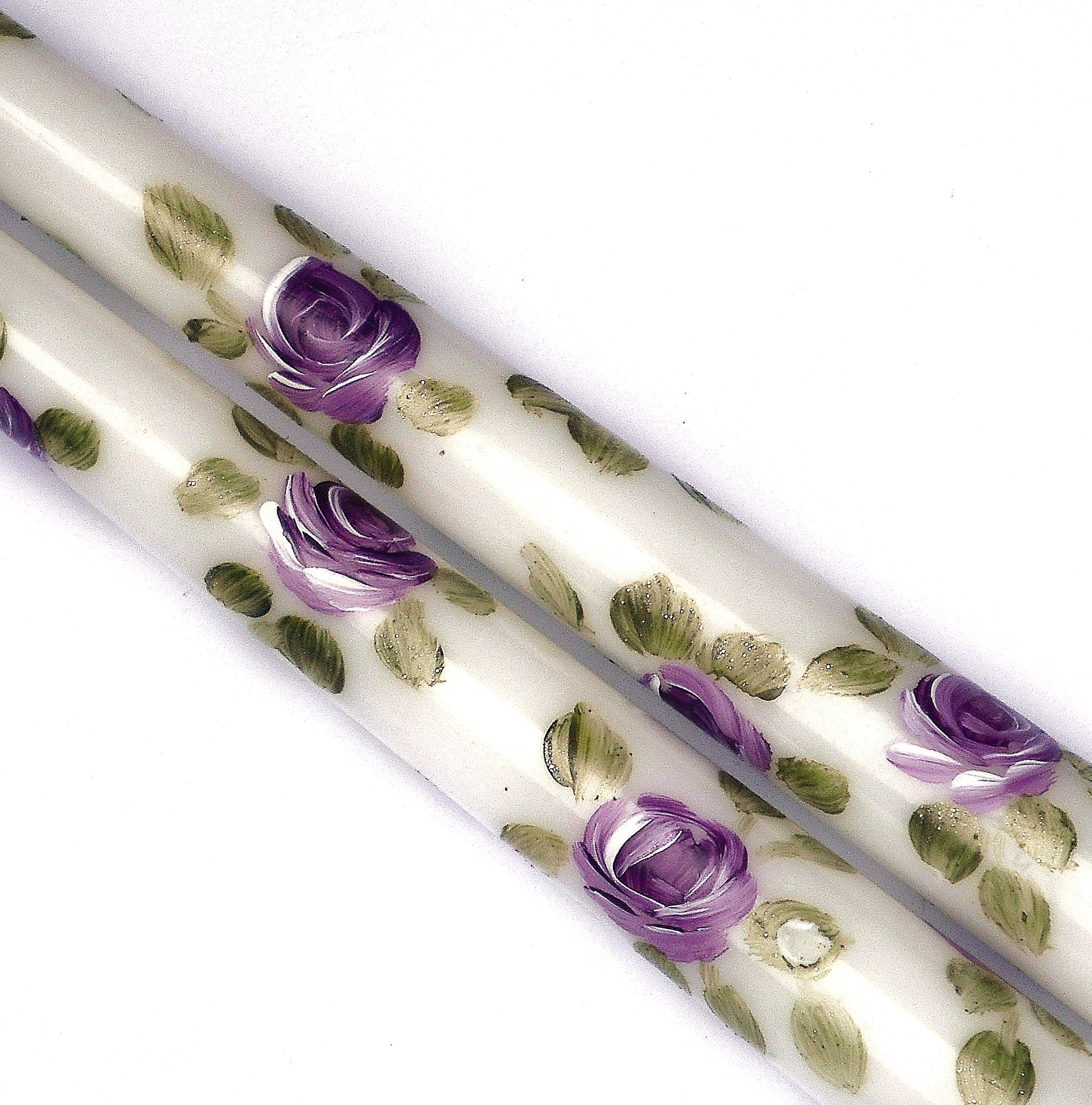 Hand-Painted Lavender Rose Taper Candles - 12 Inch Dripless Decorative Candles for Romantic Dinner, Wedding Centerpiece & Spring Home Decor